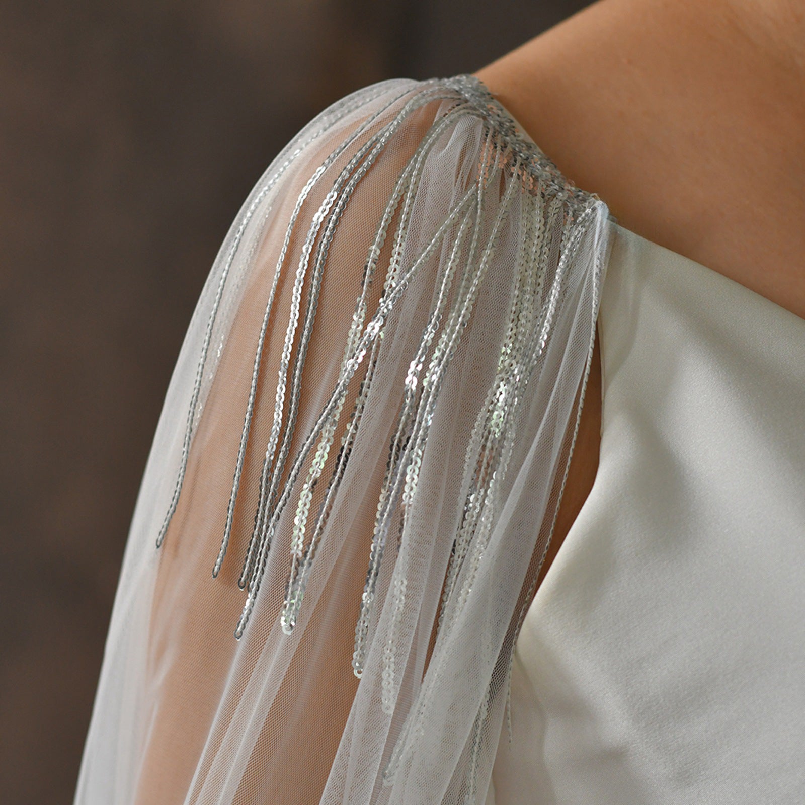 Sparkly Sequin Tassel Bridal Cape Veil - 118 Inch Cathedral Length Wedding Cape Soft Tulle Cathedral Bridal Train Shawl LUNA-X232