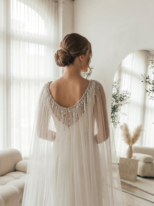 Sparkly Sequin Tassel Bridal Cape Veil - 118 Inch Cathedral Length Wedding Cape Soft Tulle Cathedral Bridal Train Shawl LUNA-X232