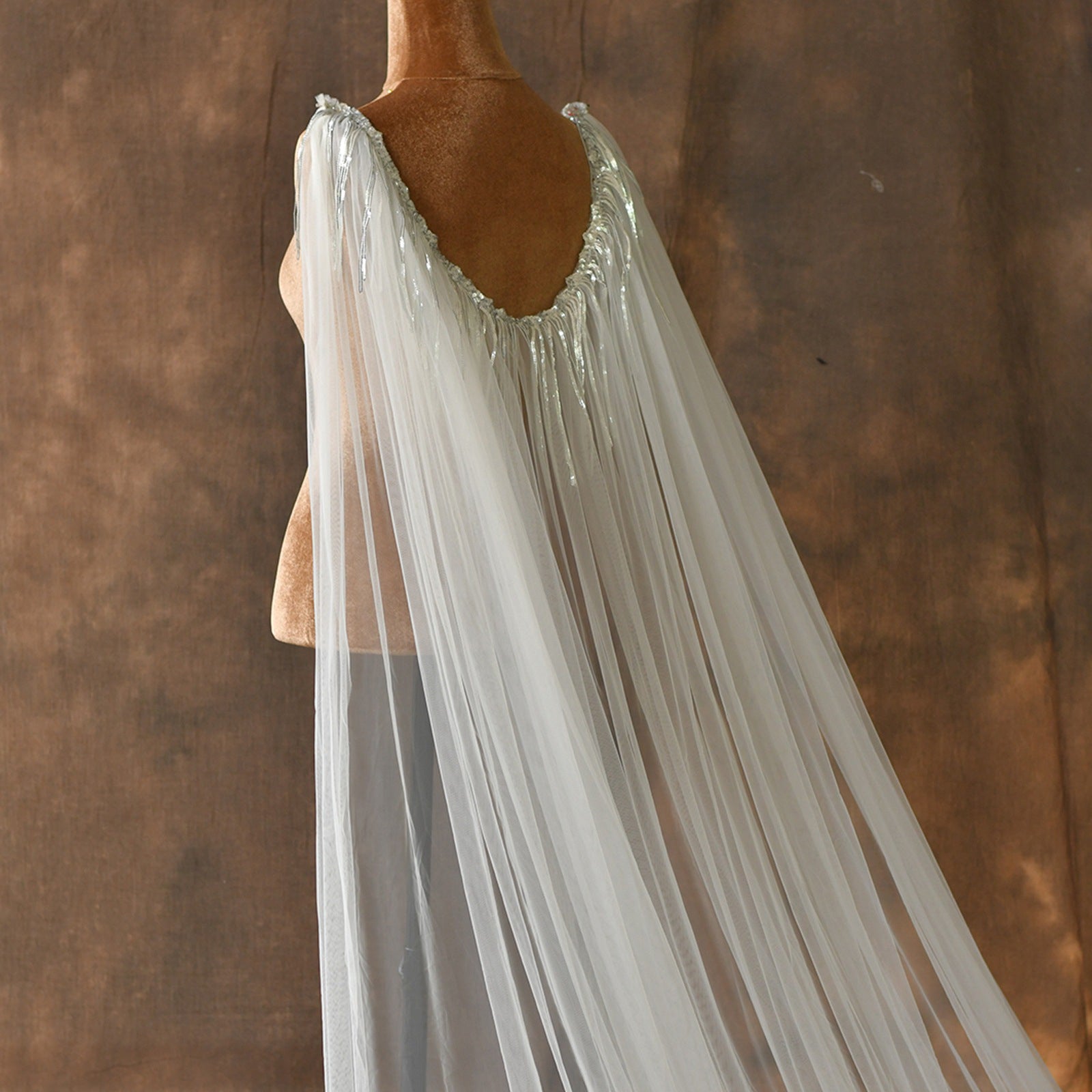 Sparkly Sequin Tassel Bridal Cape Veil - 118 Inch Cathedral Length Wedding Cape Soft Tulle Cathedral Bridal Train Shawl LUNA-X232