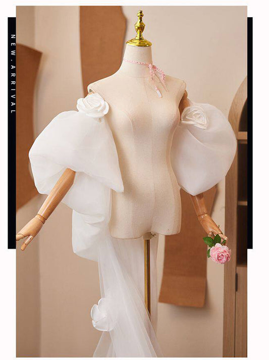Romantic 3D Rose Bridal Cape Veil - Dramatic Puff Sleeve Wedding Capelet - Luxury Satin Floral Cathedral Train Shawl LUNA-X234
