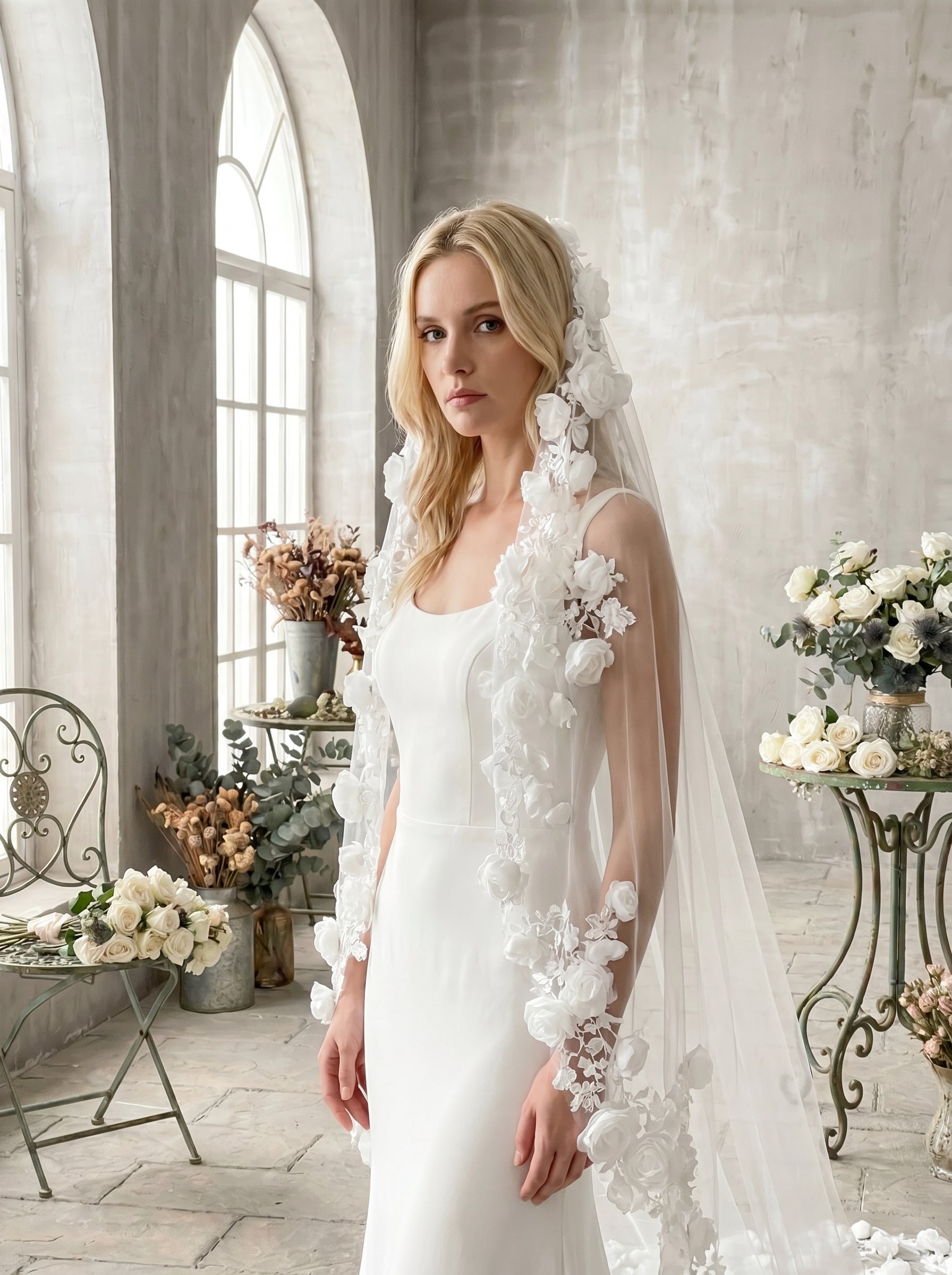 Ethereal White Floor Length Drop Veil - Minimalist Cut Edge Blusher Veil, Comb-Free Soft Tulle Wedding Veil LUNA-X23