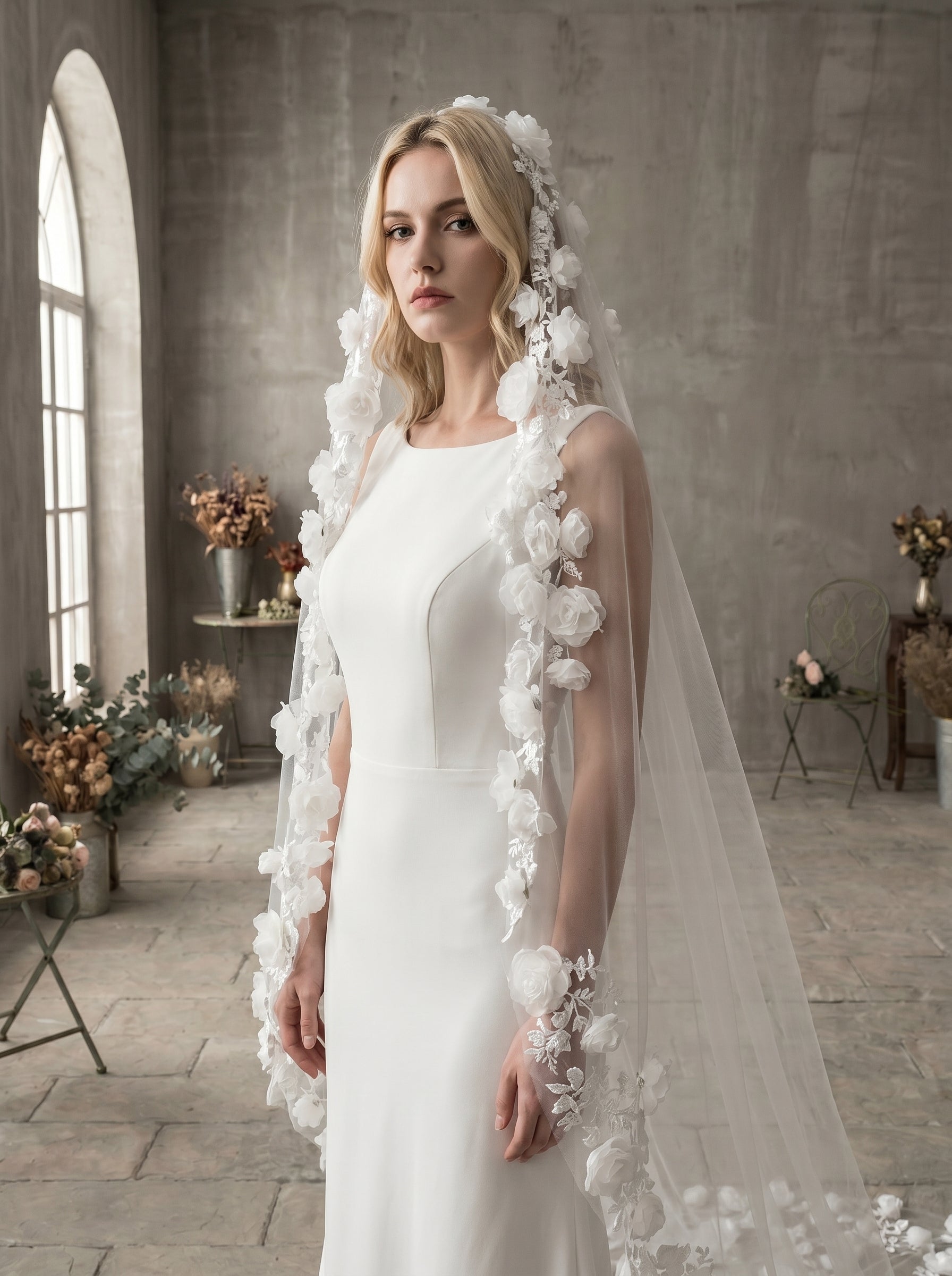 Ethereal White Floor Length Drop Veil - Minimalist Cut Edge Blusher Veil, Comb-Free Soft Tulle Wedding Veil LUNA-X23