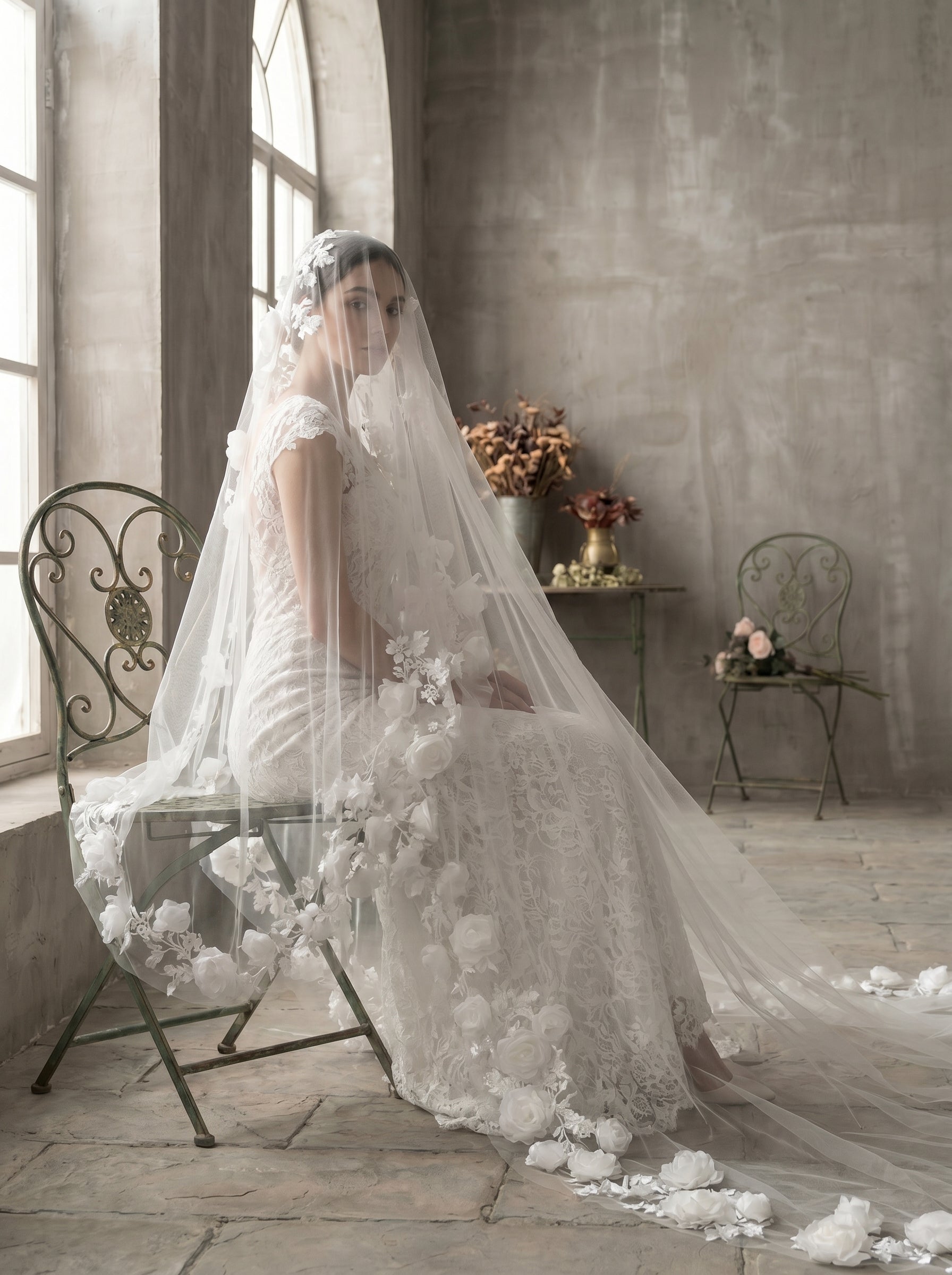 Ethereal White Floor Length Drop Veil - Minimalist Cut Edge Blusher Veil, Comb-Free Soft Tulle Wedding Veil LUNA-X23
