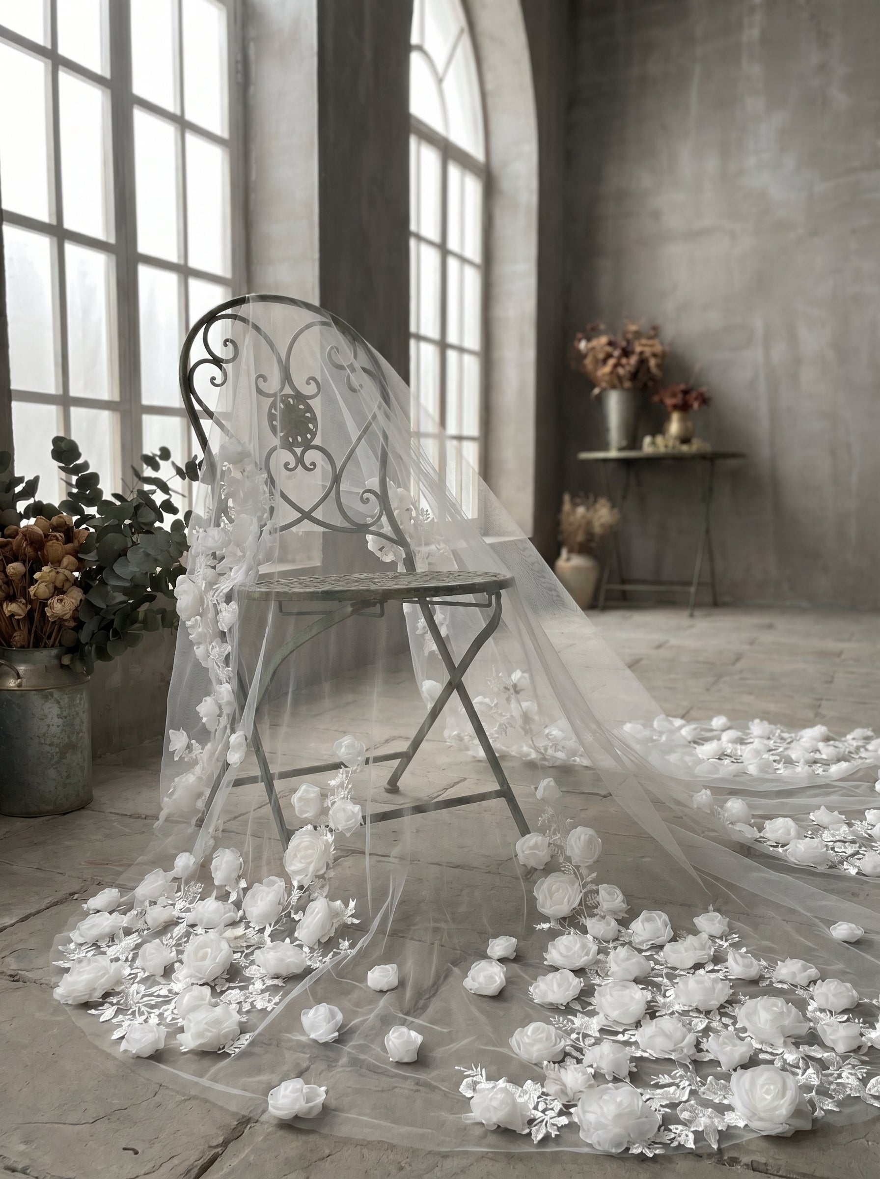 Ethereal White Floor Length Drop Veil - Minimalist Cut Edge Blusher Veil, Comb-Free Soft Tulle Wedding Veil LUNA-X23