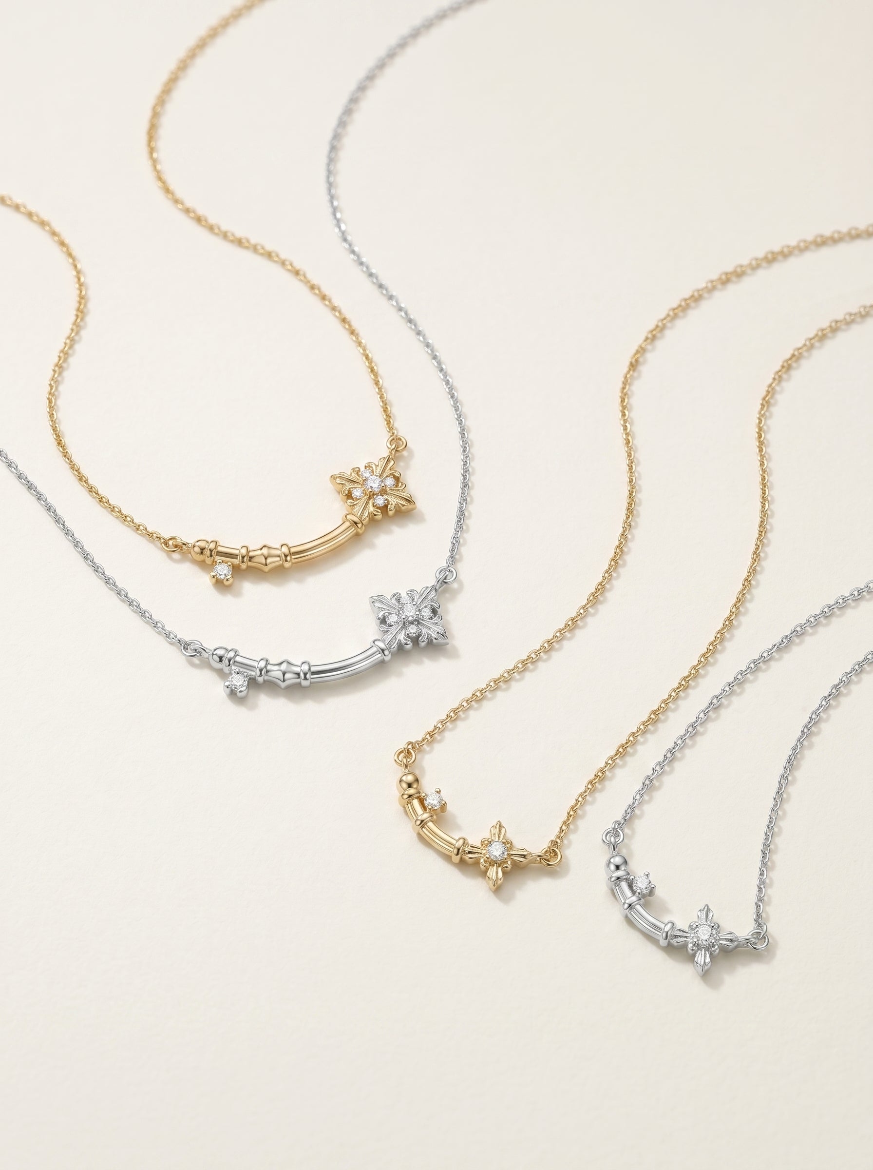 Women’s Minimalist Twisted Star & Curved Bar Cubic Zirconia Pendant Necklace, Pale Titanium Gold Adjustable Dainty Choker LUNA-X250