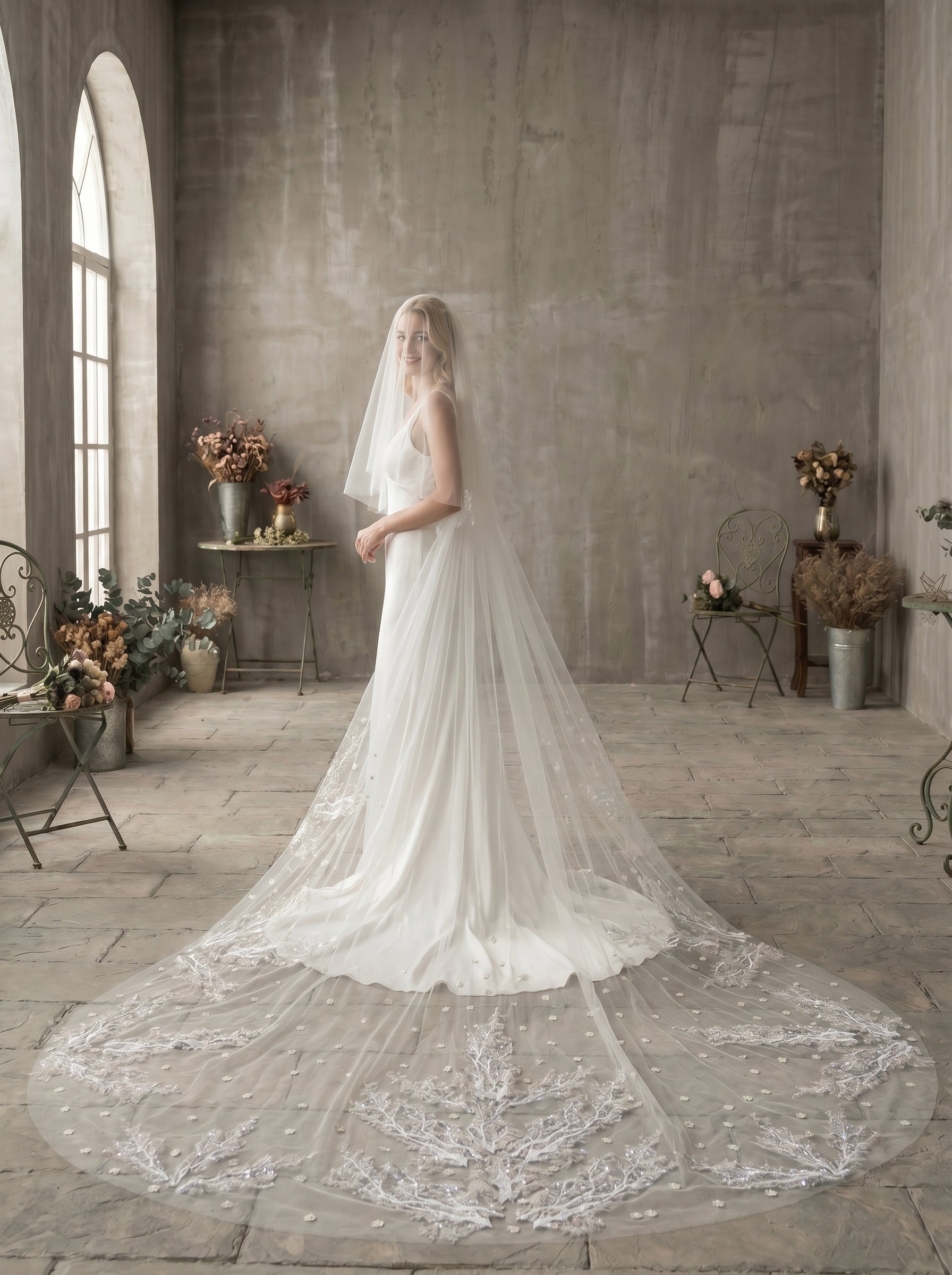 Luxury Regal Cathedral Drop Veil - 4m/5m Extravagant Soft Tulle Veil with 31 Blusher, Comb-Free High-Fashion Wedding Veil  LUNA-X25