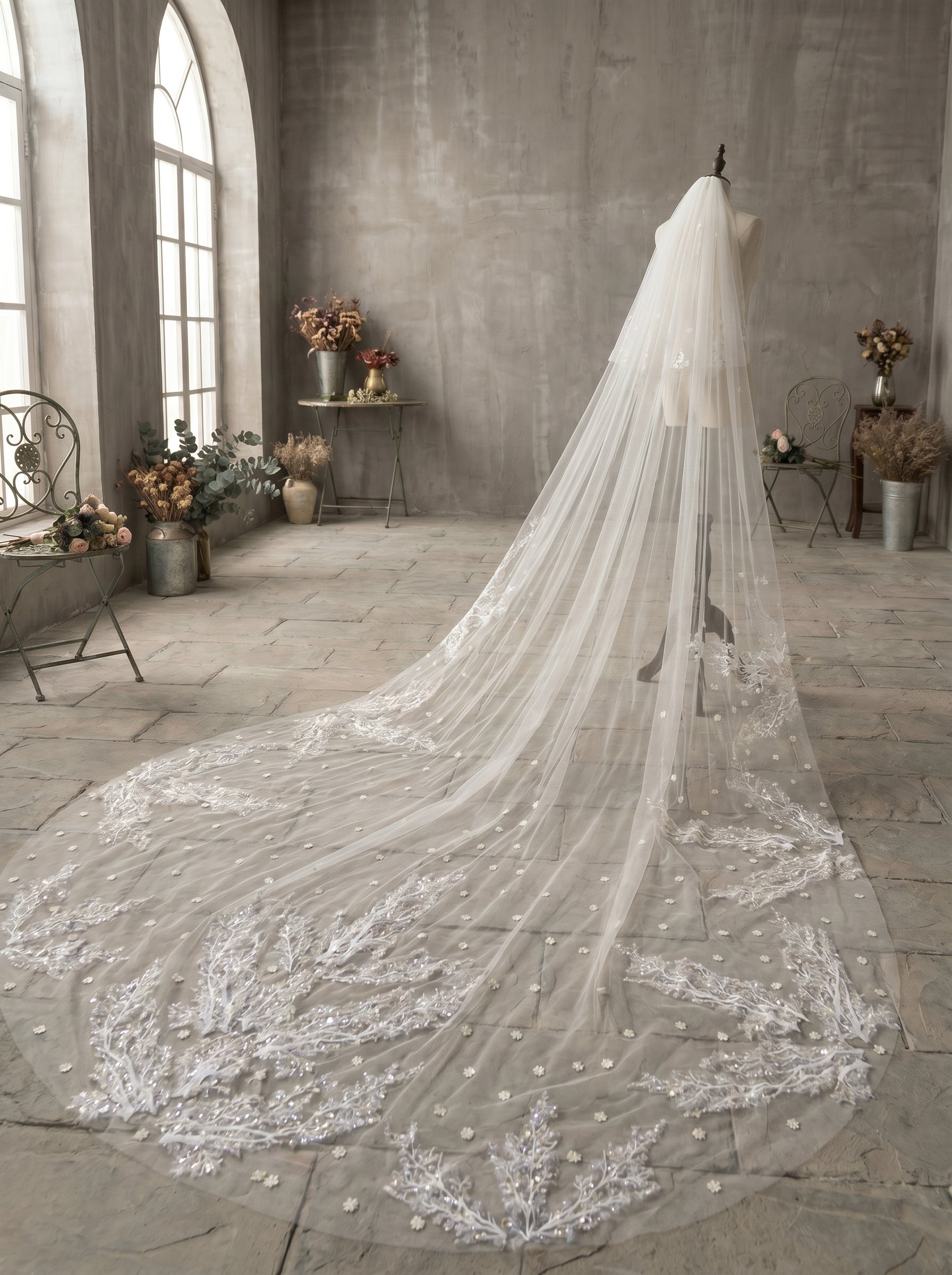 Luxury Regal Cathedral Drop Veil - 4m/5m Extravagant Soft Tulle Veil with 31 Blusher, Comb-Free High-Fashion Wedding Veil  LUNA-X25