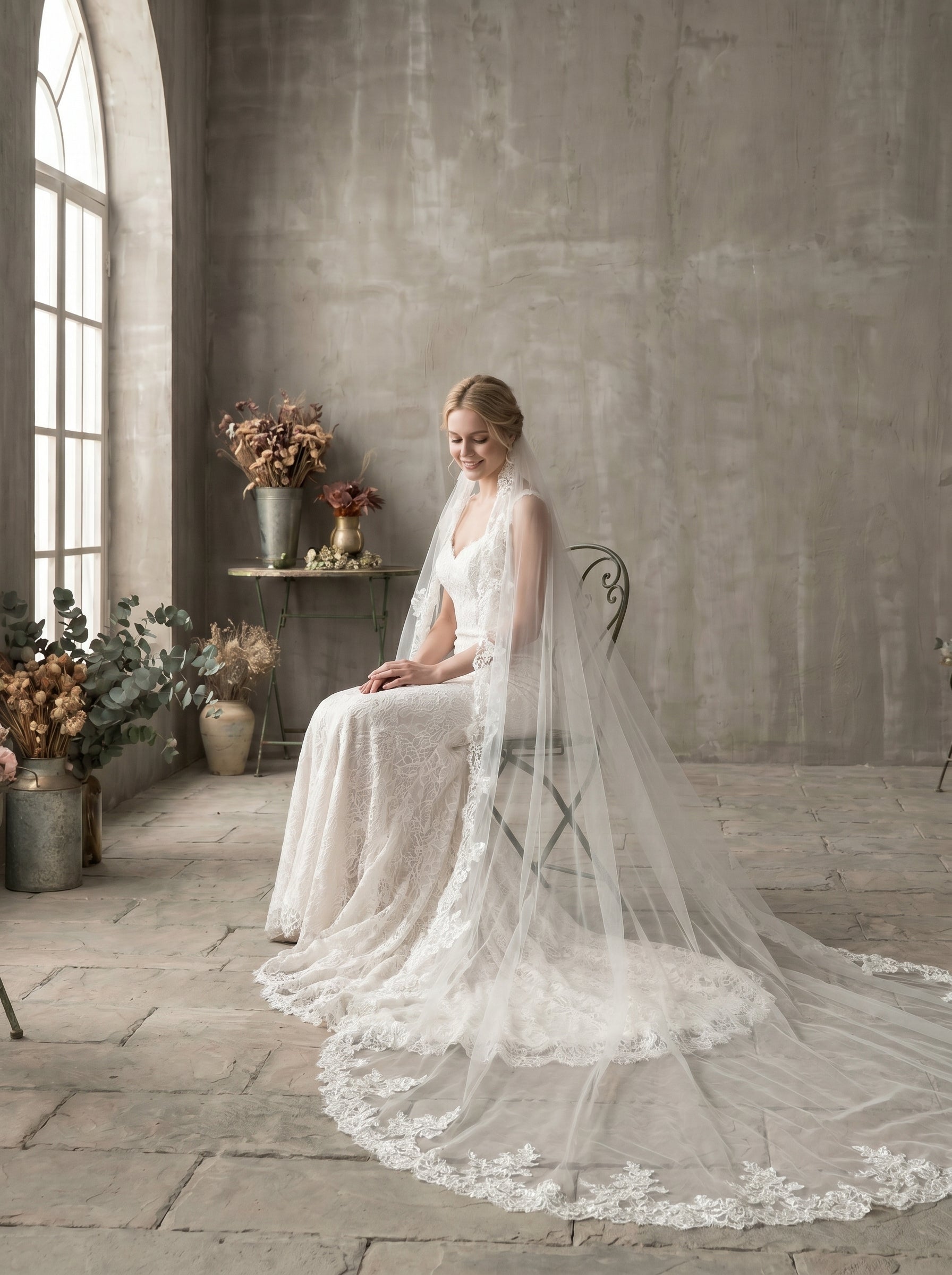 Luxury Cathedral Lace Wedding Veil - 3m/4m Romantic Floral Lace Applique Veil, Comb-Free Vintage Bridal Veil  LUNA-X26