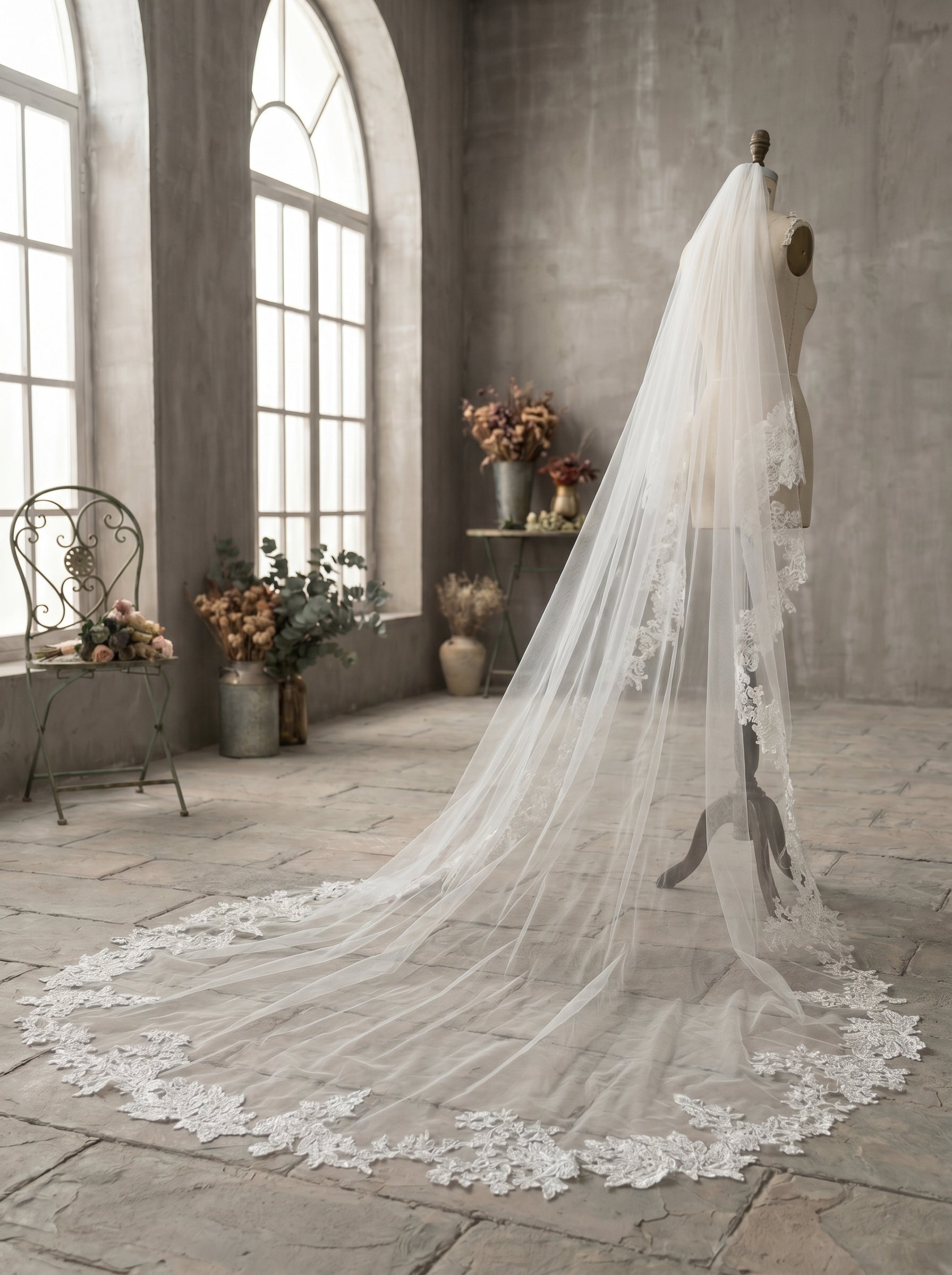 Luxury Cathedral Lace Wedding Veil - 3m/4m Romantic Floral Lace Applique Veil, Comb-Free Vintage Bridal Veil  LUNA-X26