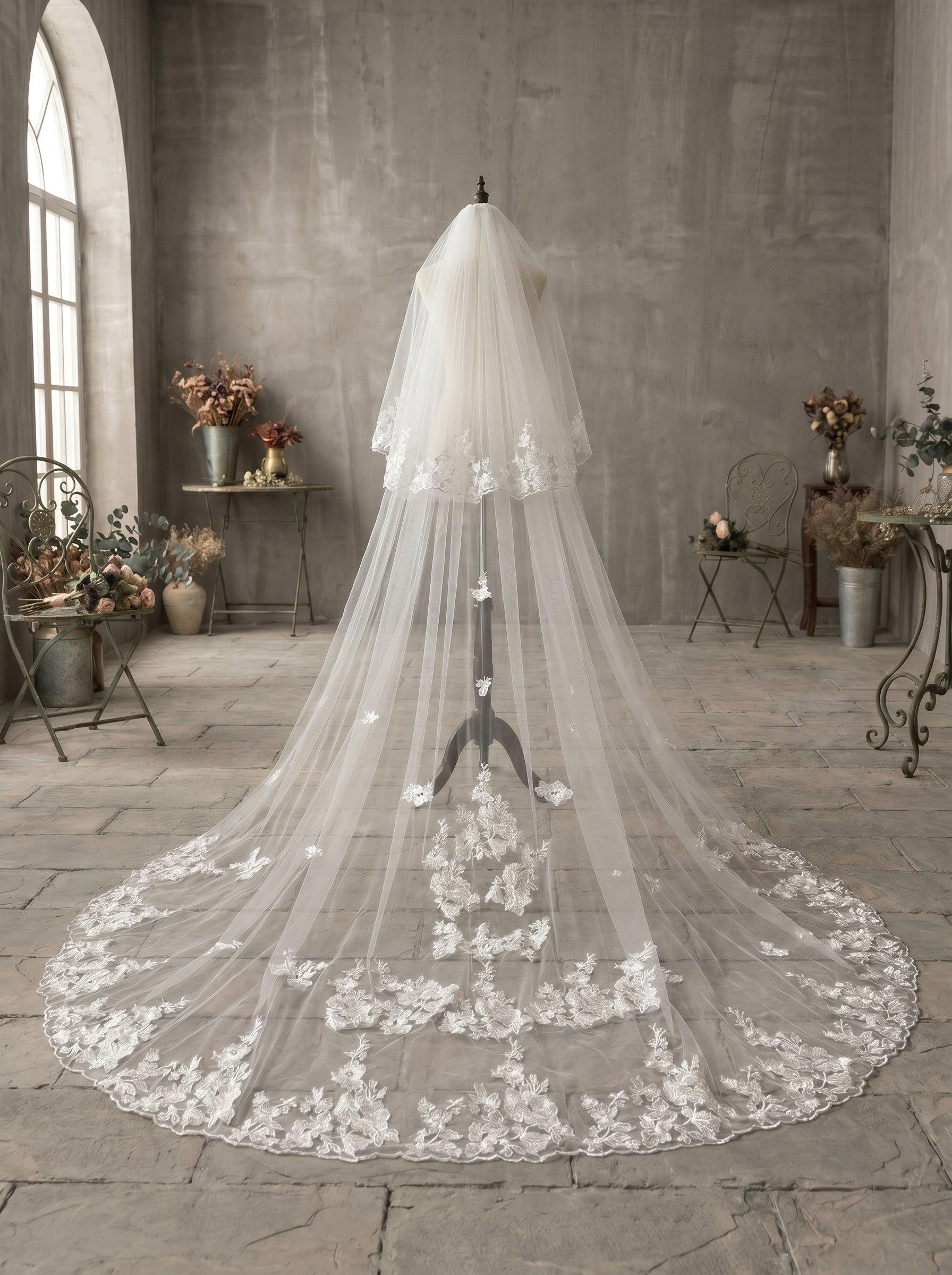 Classic Two-Tier Cathedral Wedding Veil - Luxurious Soft Tulle Veil with Blusher & Secure Metal Comb LUNA-X28