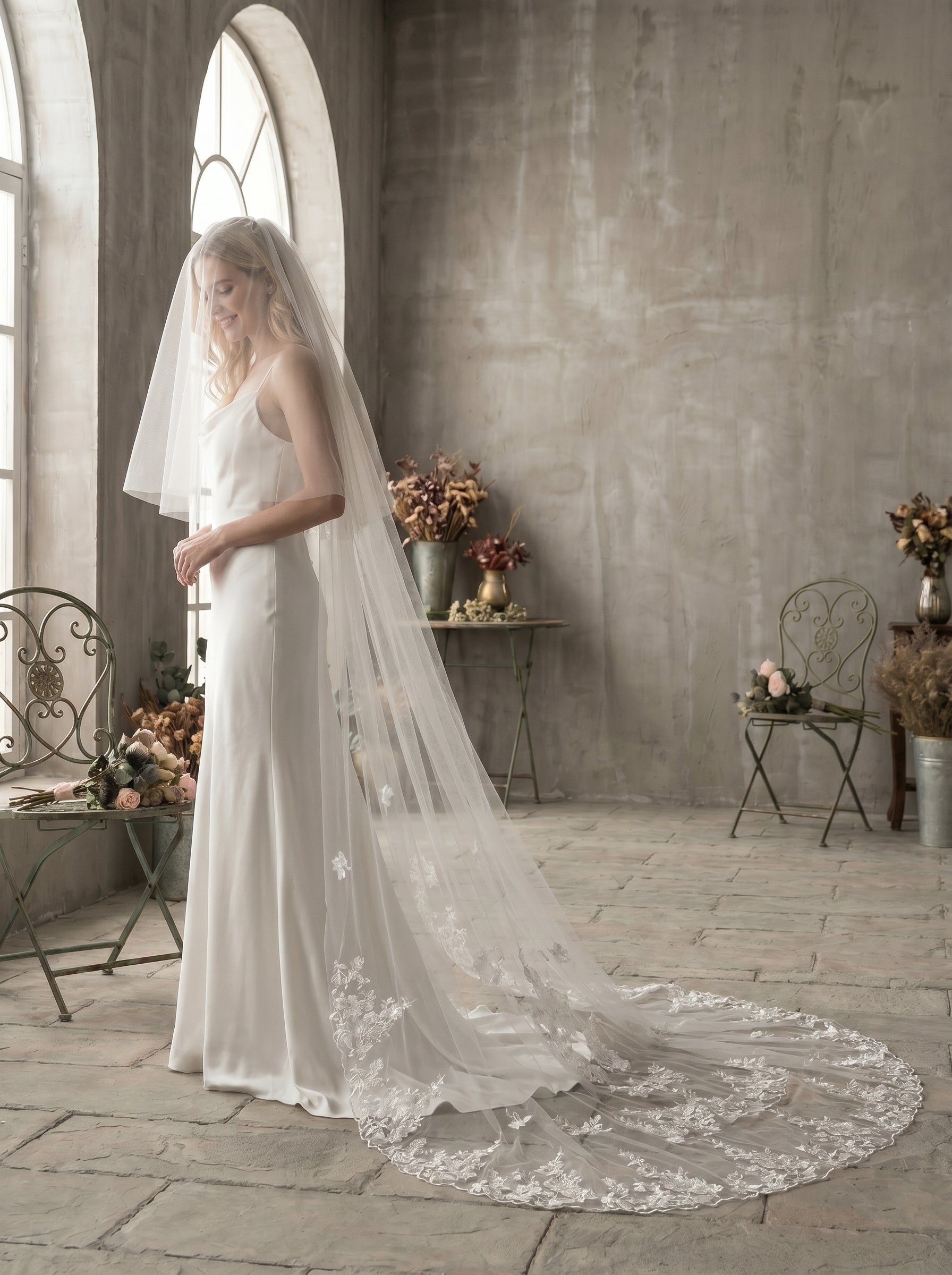 Classic Two-Tier Cathedral Wedding Veil - Luxurious Soft Tulle Veil with Blusher & Secure Metal Comb LUNA-X28
