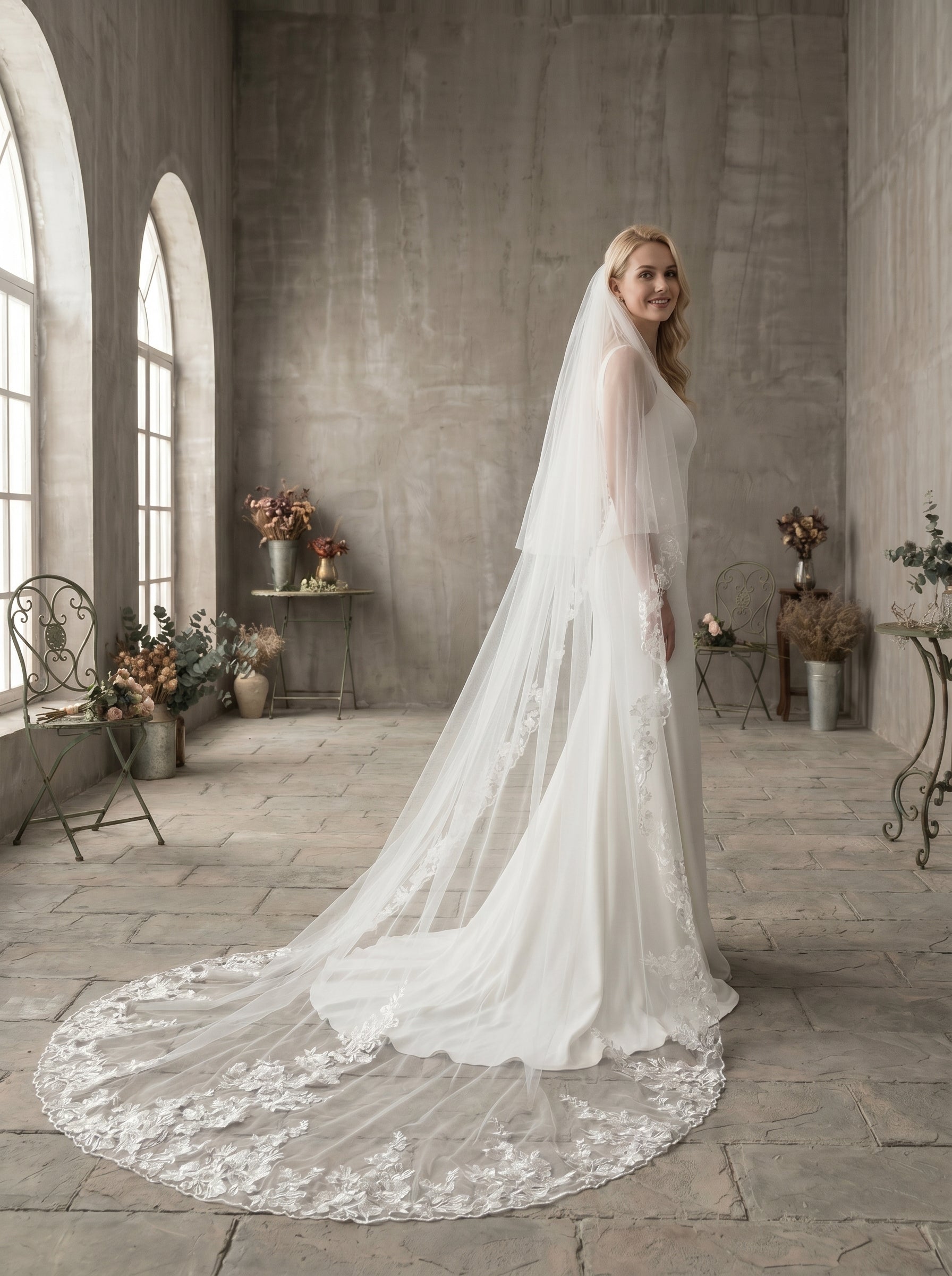 Classic Two-Tier Cathedral Wedding Veil - Luxurious Soft Tulle Veil with Blusher & Secure Metal Comb LUNA-X28