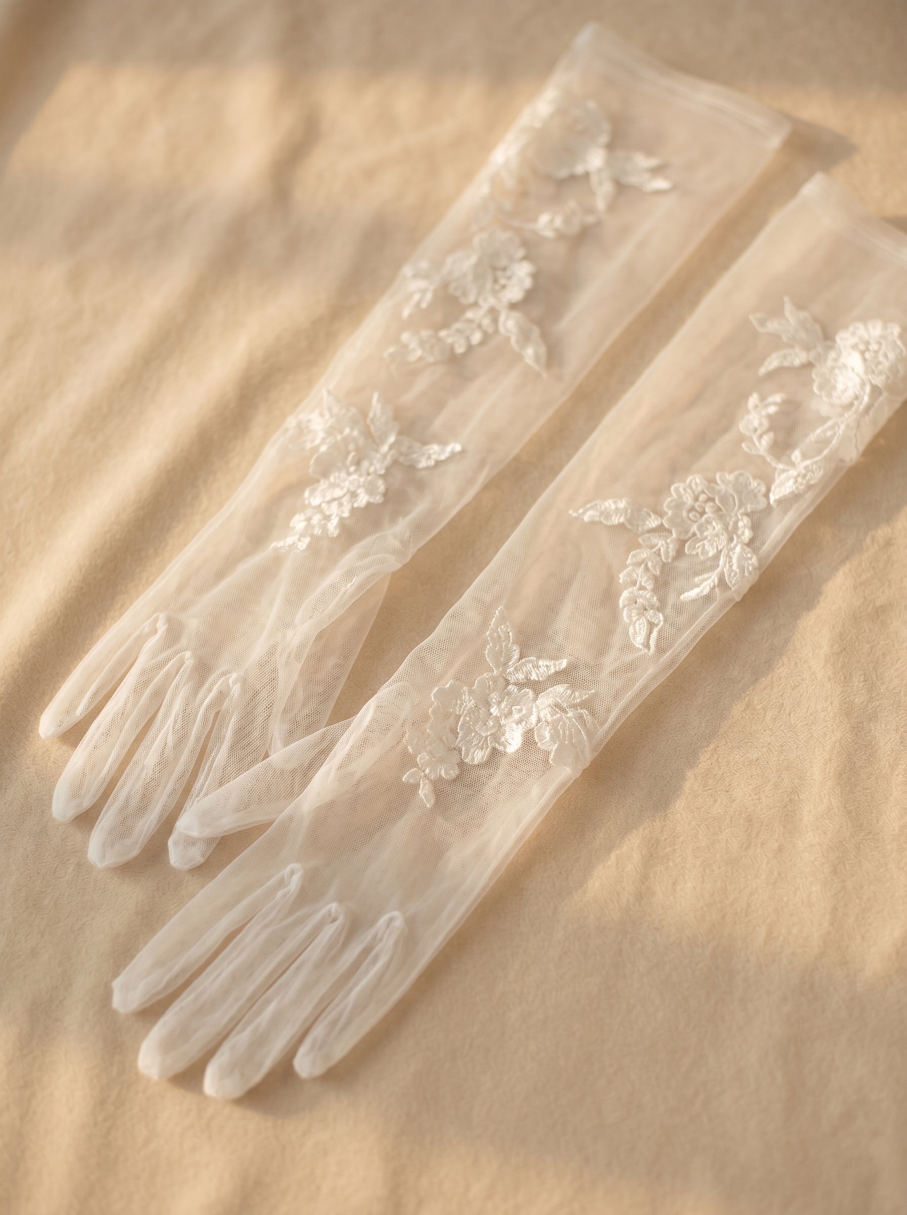 Off-White Embroidered Lace Bridal Gloves - 70cm Extra Long Shoulder Length High-Density Mesh Wedding Gloves - Anti-Wrinkle Slouchy Ruched Opera Mittens LUNA-X310