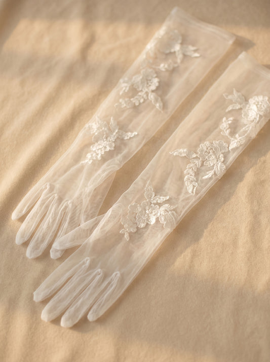 Off-White Embroidered Lace Bridal Gloves - 70cm Extra Long Shoulder Length High-Density Mesh Wedding Gloves - Anti-Wrinkle Slouchy Ruched Opera Mittens LUNA-X310