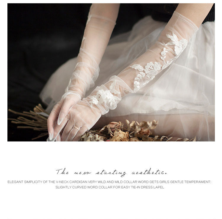 Off-White Embroidered Lace Bridal Gloves - 70cm Extra Long Shoulder Length High-Density Mesh Wedding Gloves - Anti-Wrinkle Slouchy Ruched Opera Mittens LUNA-X310