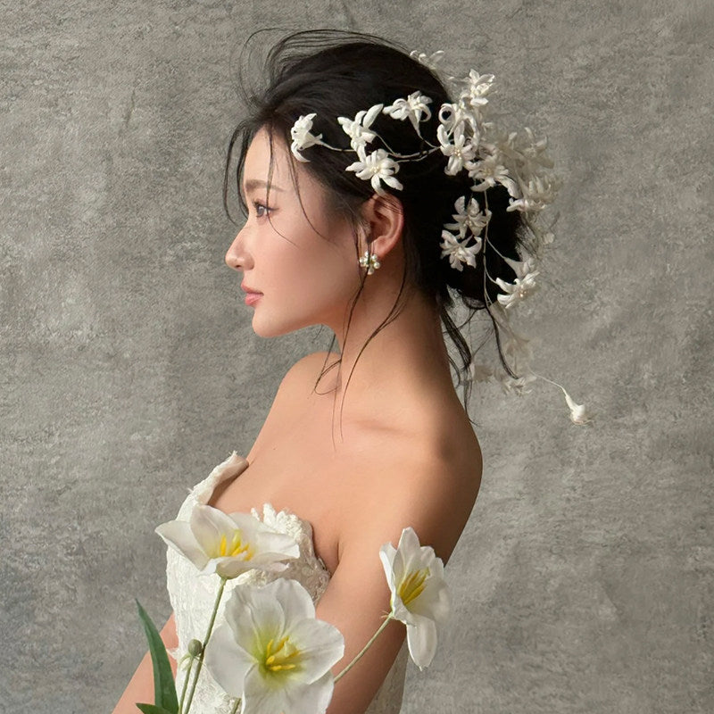 Ethereal Wax Flower Bridal Hair Vine - Flexible Trailing Jasmine Wedding Hair Piece - Romantic Cascade Fairy Bride Crown for Low Bun LUNA-X331