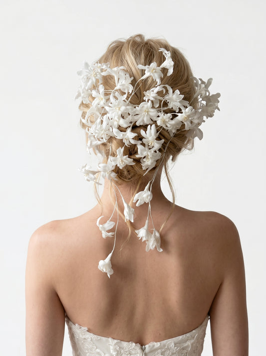 Ethereal Wax Flower Bridal Hair Vine - Flexible Trailing Jasmine Wedding Hair Piece - Romantic Cascade Fairy Bride Crown for Low Bun LUNA-X331