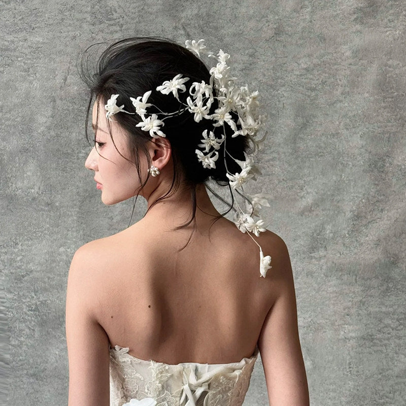 Ethereal Wax Flower Bridal Hair Vine - Flexible Trailing Jasmine Wedding Hair Piece - Romantic Cascade Fairy Bride Crown for Low Bun LUNA-X331