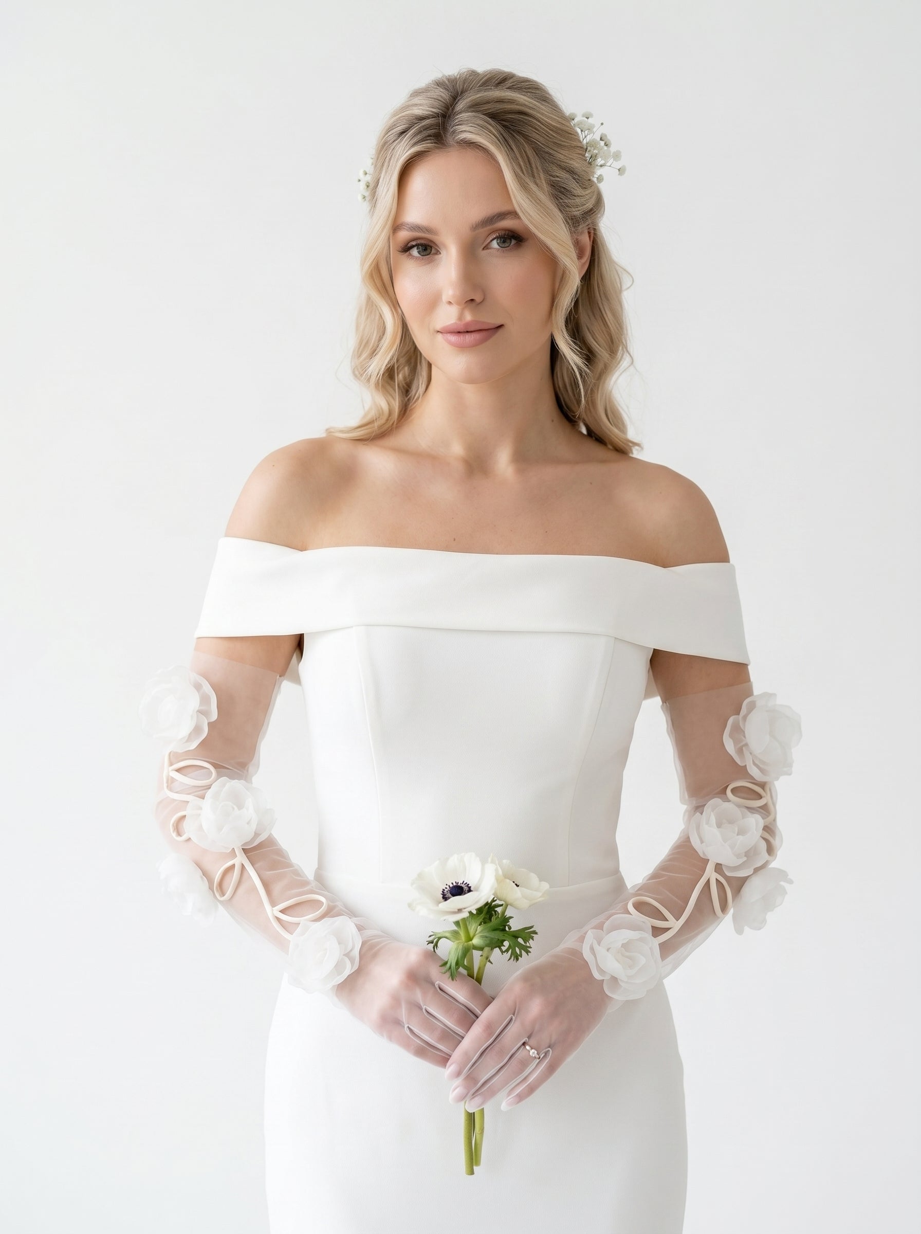 Whimsical 3D Floral Bridal Set - 160cm Winding Vine Wedding Veil & 50cm Organza Rose Opera Gloves - Romantic Cottagecore Bride Accessories  LUNA-X333