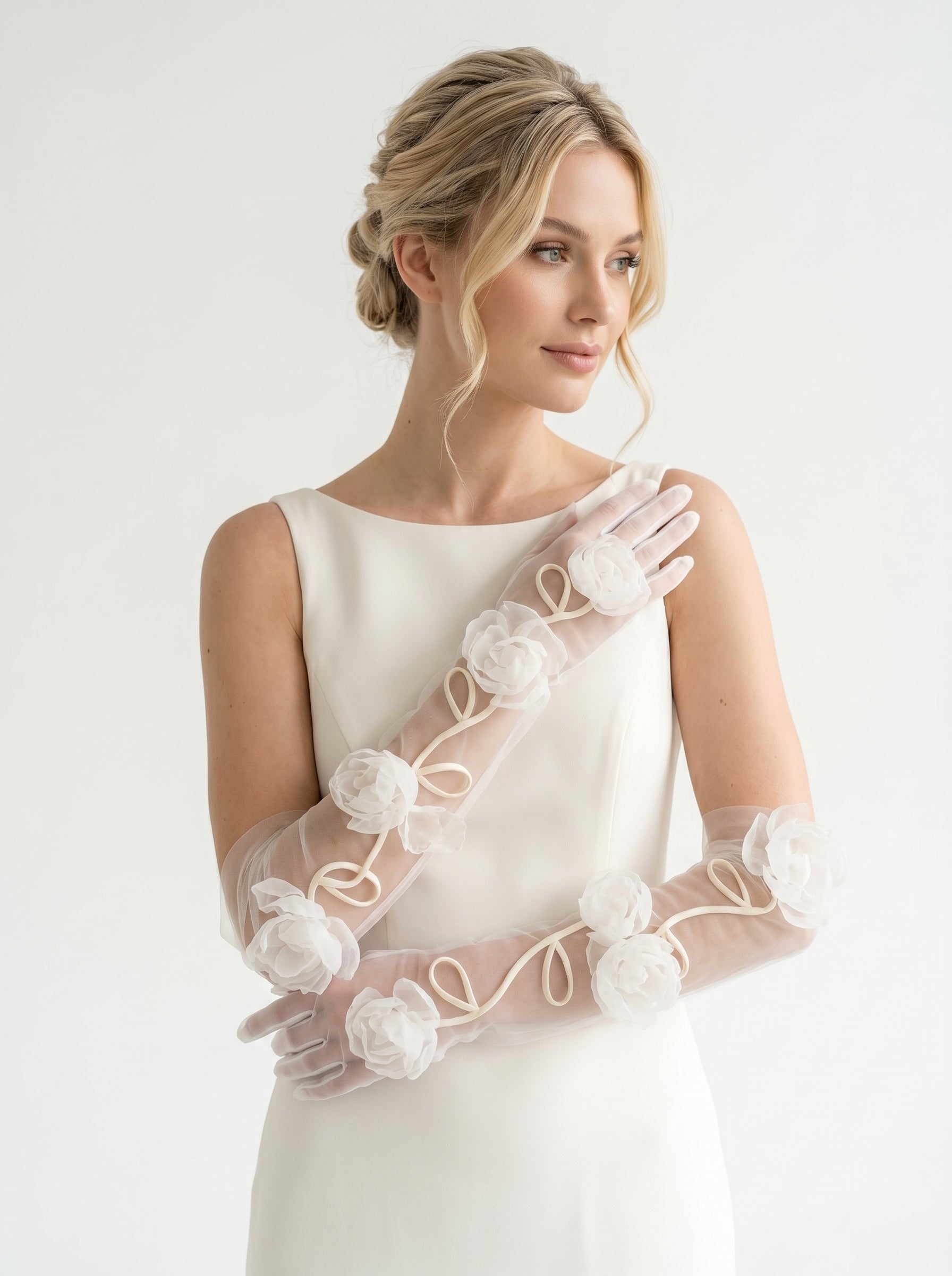 Whimsical 3D Floral Bridal Set - 160cm Winding Vine Wedding Veil & 50cm Organza Rose Opera Gloves - Romantic Cottagecore Bride Accessories  LUNA-X333
