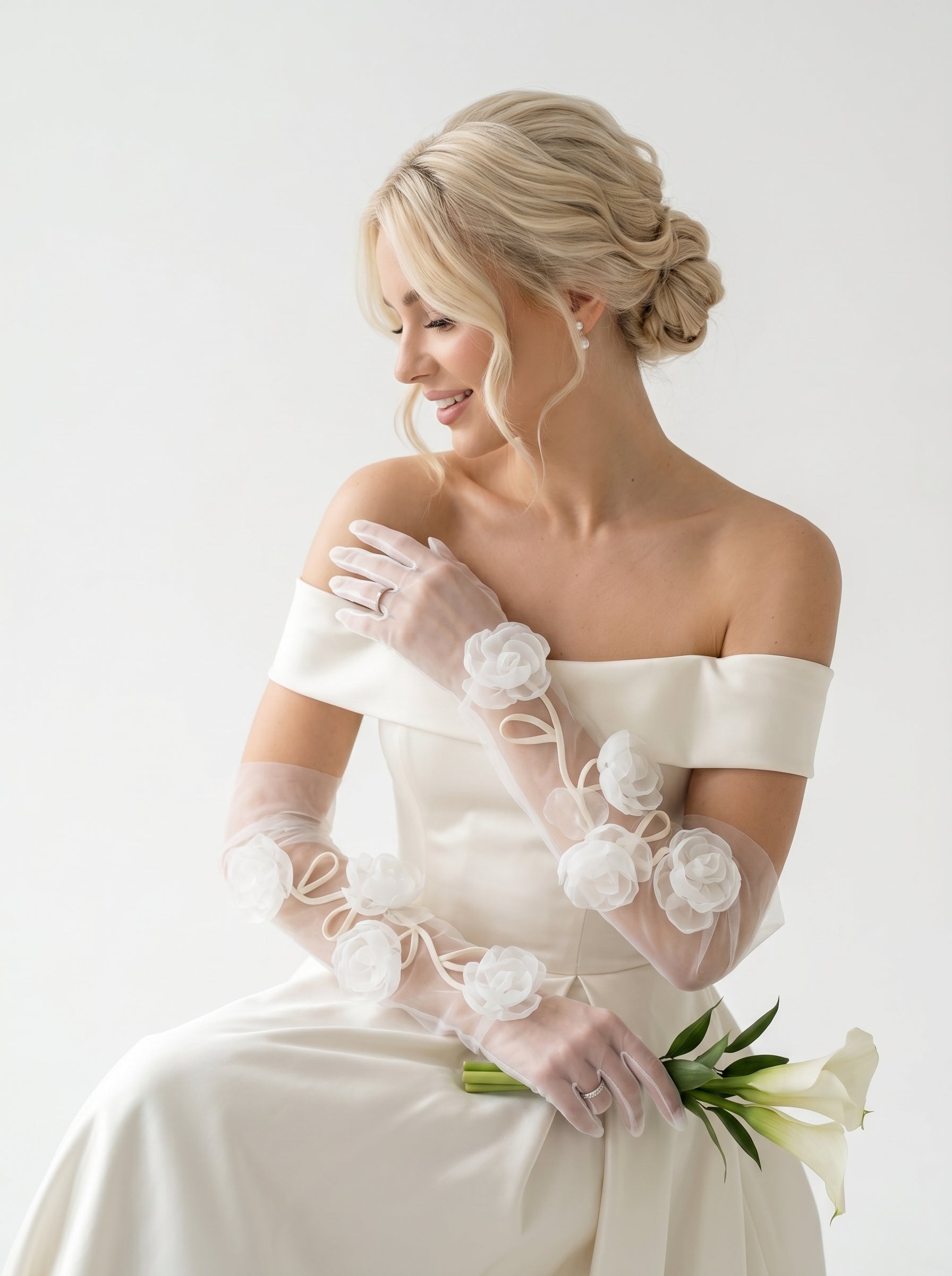 Whimsical 3D Floral Bridal Set - 160cm Winding Vine Wedding Veil & 50cm Organza Rose Opera Gloves - Romantic Cottagecore Bride Accessories  LUNA-X333