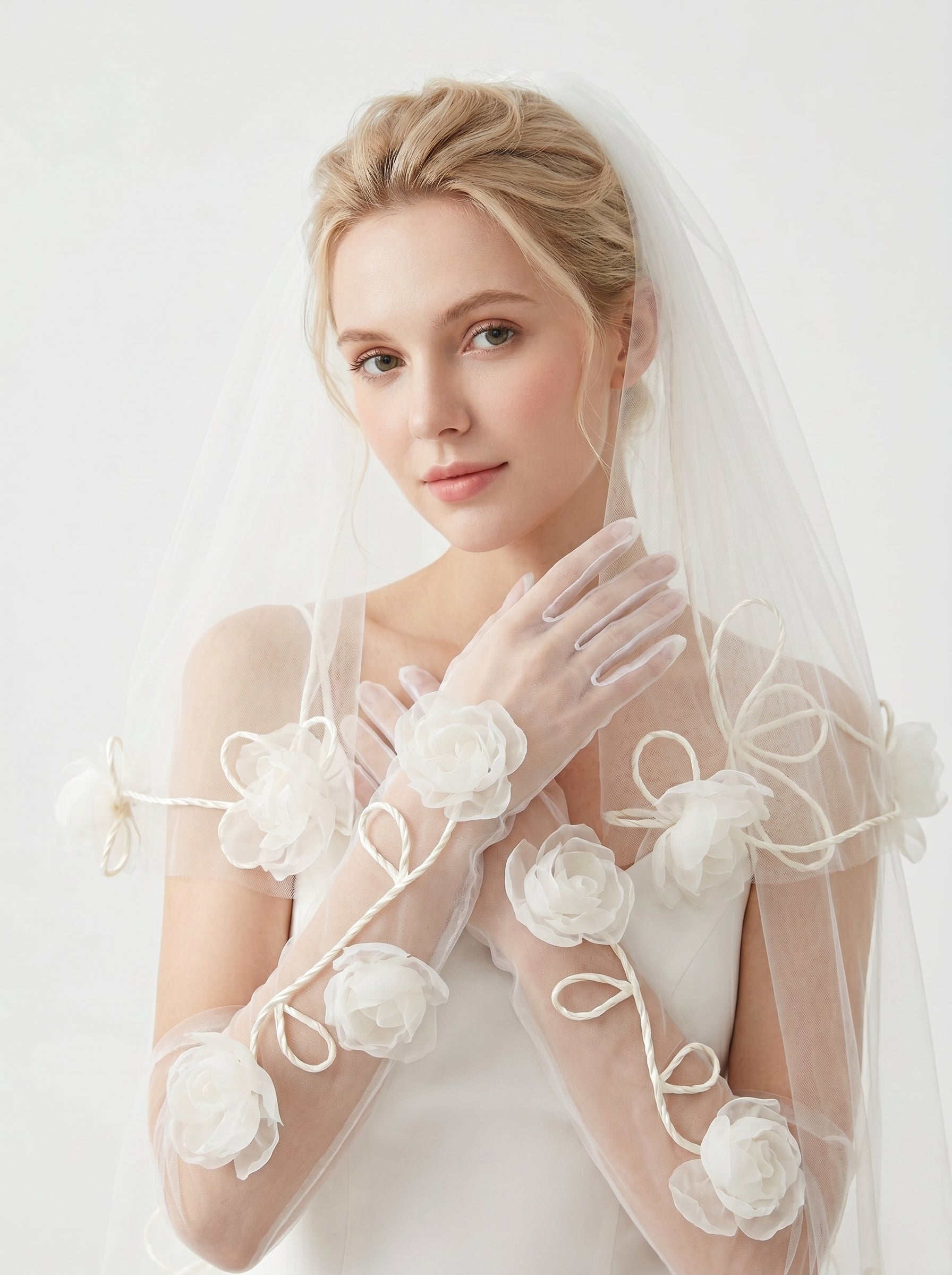 Whimsical 3D Floral Bridal Set - 160cm Winding Vine Wedding Veil & 50cm Organza Rose Opera Gloves - Romantic Cottagecore Bride Accessories  LUNA-X333