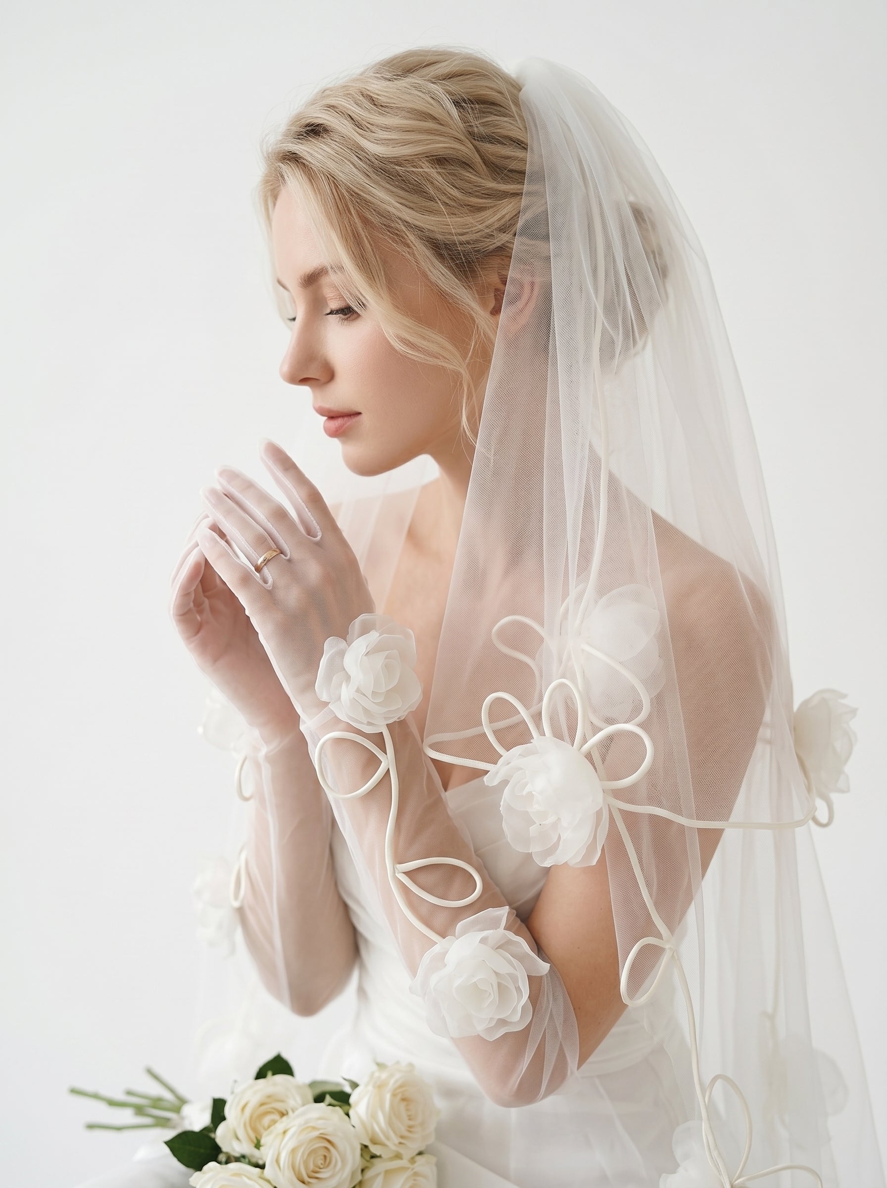 Whimsical 3D Floral Bridal Set - 160cm Winding Vine Wedding Veil & 50cm Organza Rose Opera Gloves - Romantic Cottagecore Bride Accessories  LUNA-X333