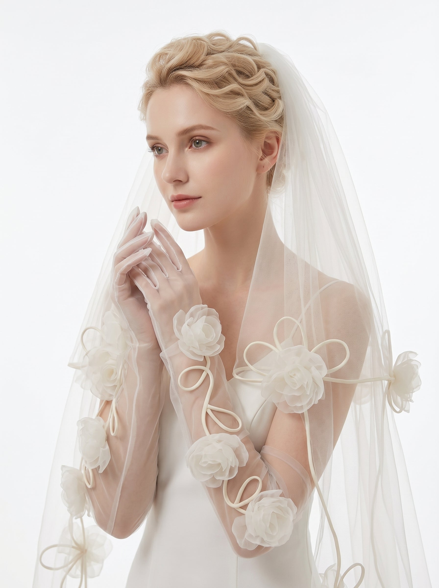 Whimsical 3D Floral Bridal Set - 160cm Winding Vine Wedding Veil & 50cm Organza Rose Opera Gloves - Romantic Cottagecore Bride Accessories  LUNA-X333