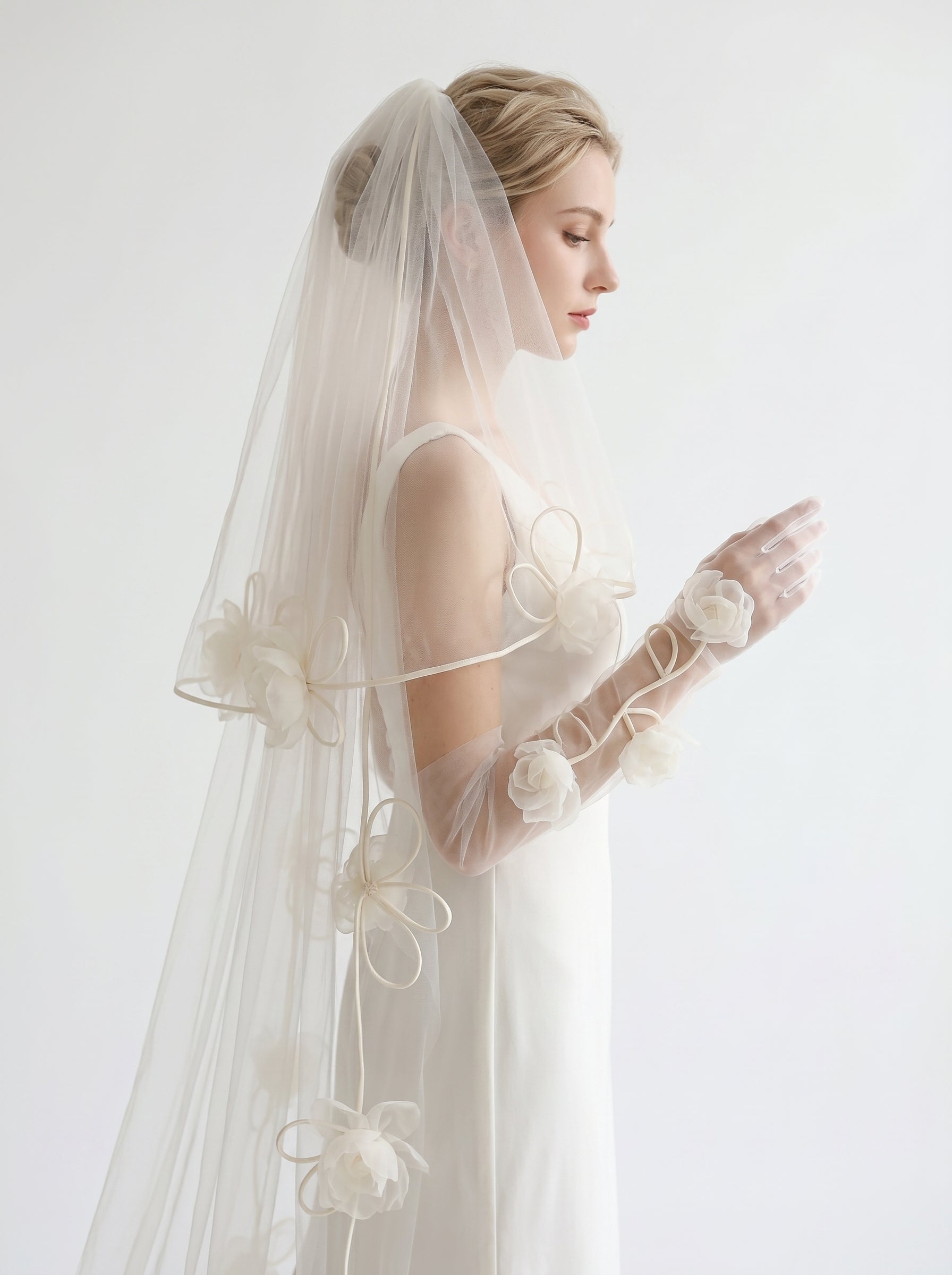 Whimsical 3D Floral Bridal Set - 160cm Winding Vine Wedding Veil & 50cm Organza Rose Opera Gloves - Romantic Cottagecore Bride Accessories  LUNA-X333