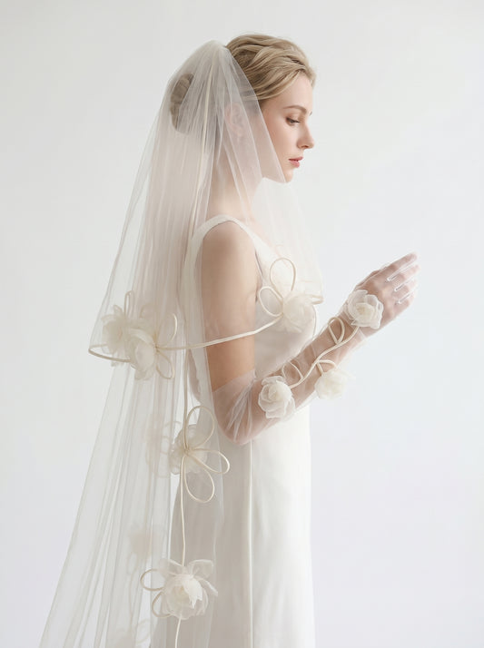 Whimsical 3D Floral Bridal Set - 160cm Winding Vine Wedding Veil & 50cm Organza Rose Opera Gloves - Romantic Cottagecore Bride Accessories  LUNA-X333