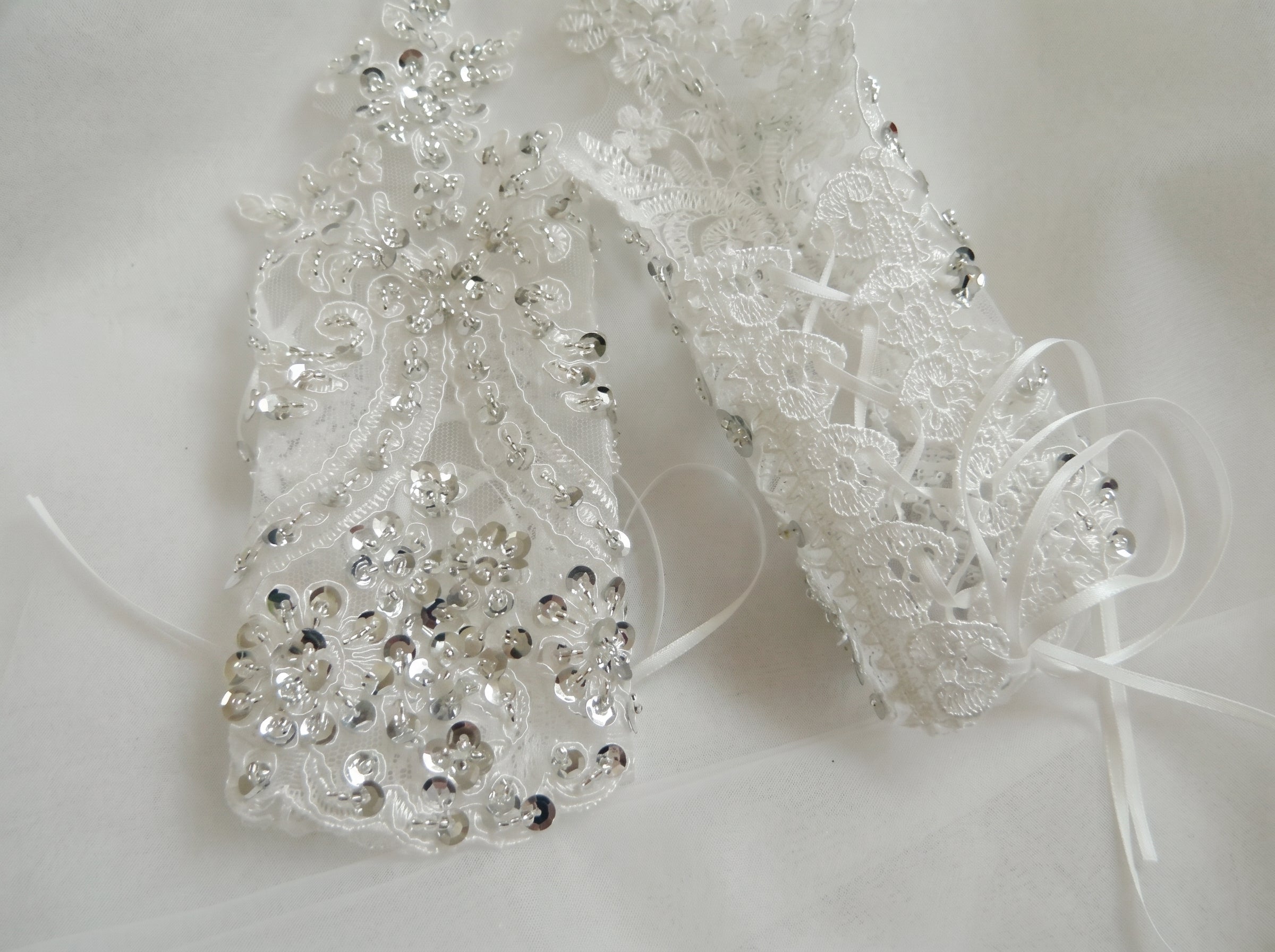 Sparkling Sequin Bridal Lace Gloves - Fingerless Wedding Gloves with Ring Loop - Luxury Beaded Applique Corset Bridal Mitts  LUNA-X336
