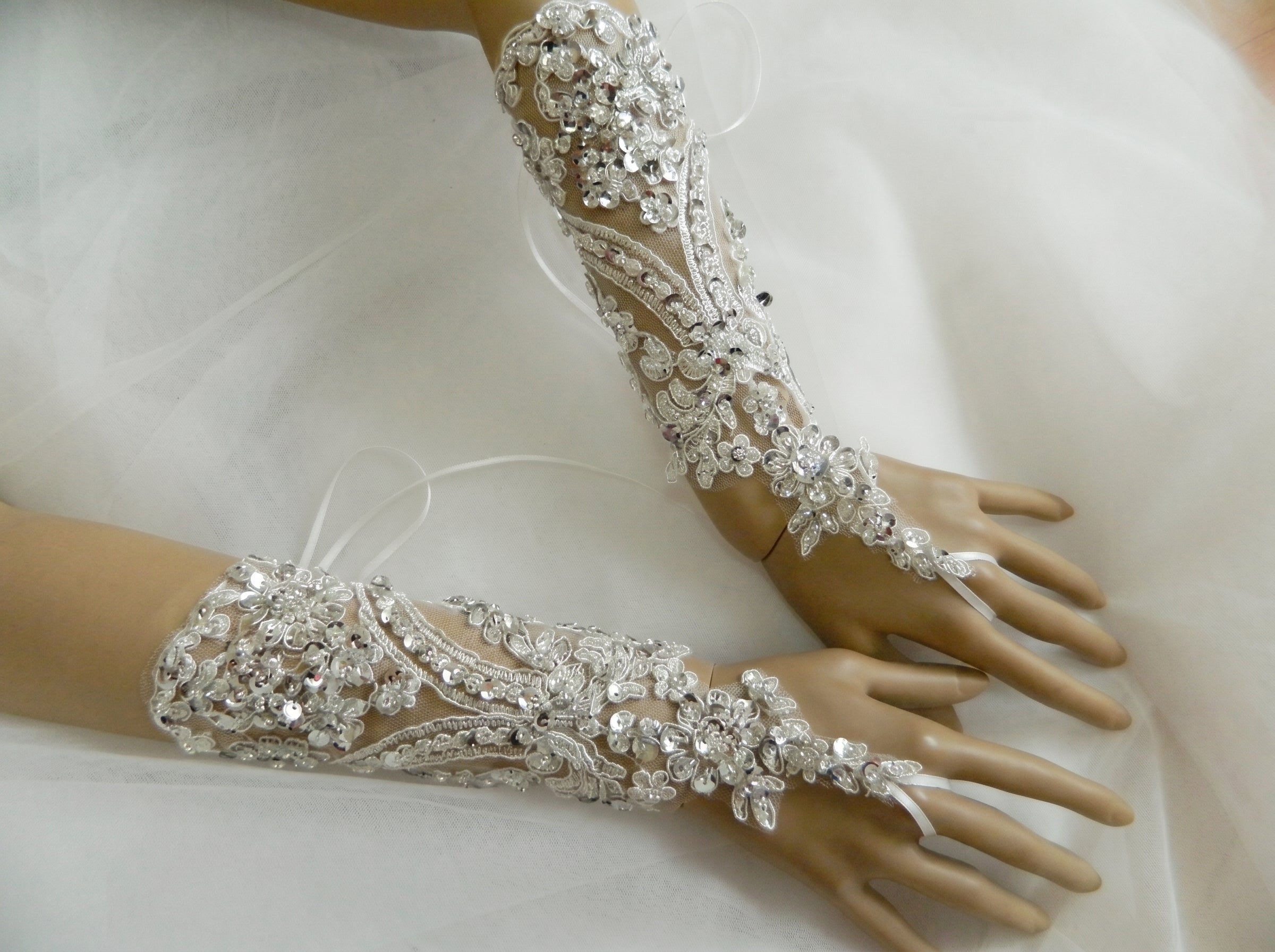 Sparkling Sequin Bridal Lace Gloves - Fingerless Wedding Gloves with Ring Loop - Luxury Beaded Applique Corset Bridal Mitts  LUNA-X336