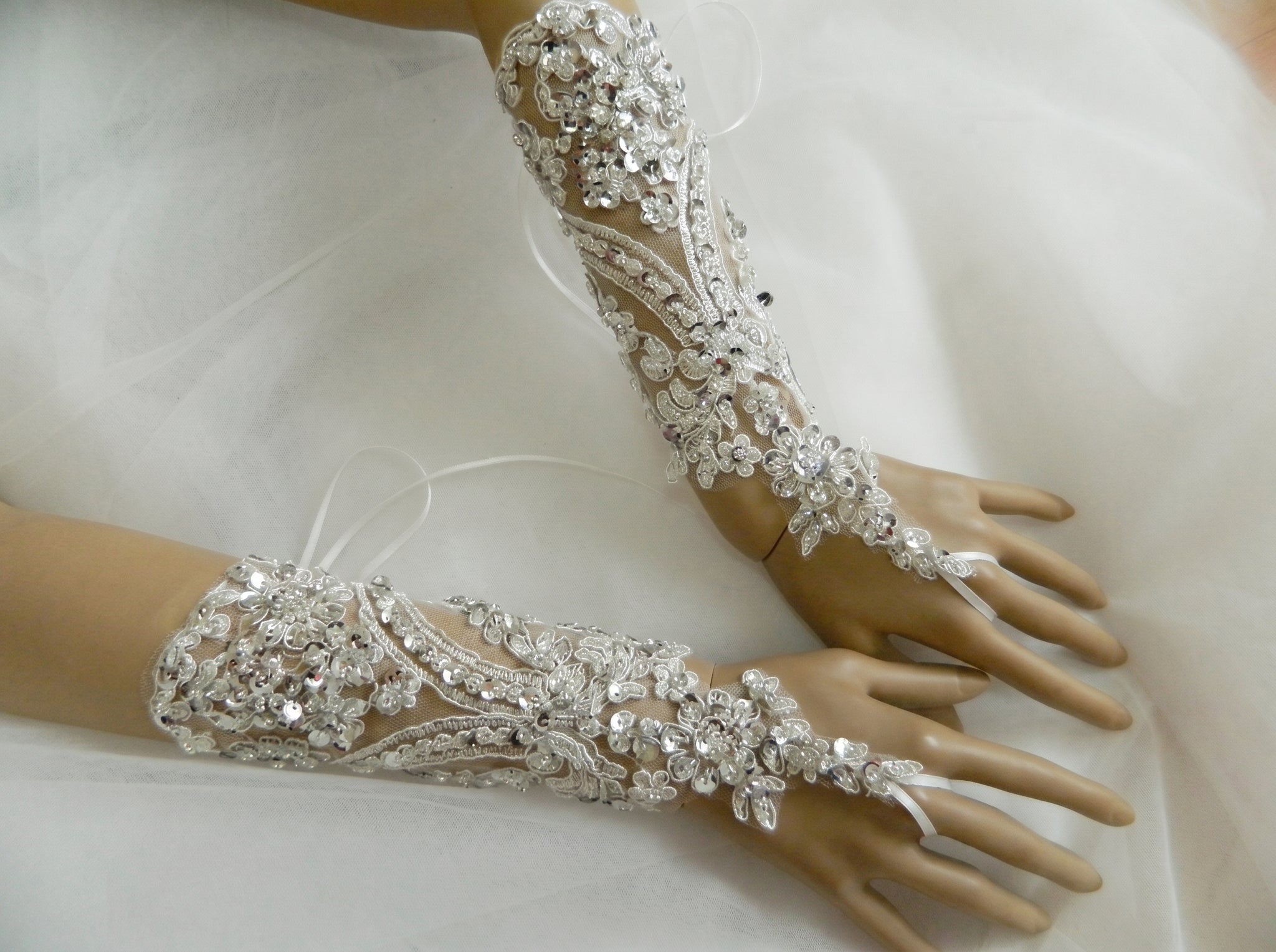 Sparkling Sequin Bridal Lace Gloves - Fingerless Wedding Gloves with Ring Loop - Luxury Beaded Applique Corset Bridal Mitts  LUNA-X336