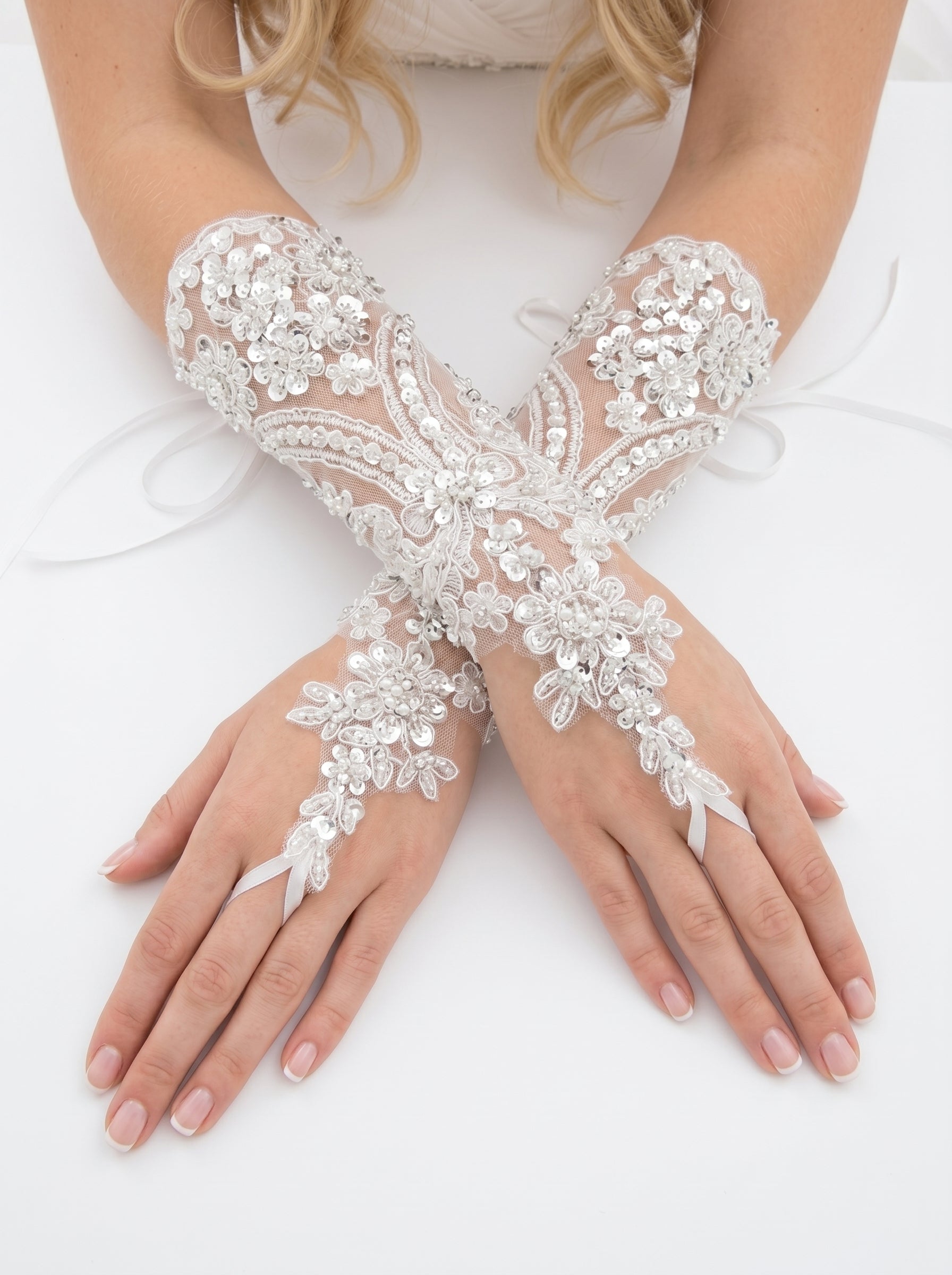 Sparkling Sequin Bridal Lace Gloves - Fingerless Wedding Gloves with Ring Loop - Luxury Beaded Applique Corset Bridal Mitts  LUNA-X336