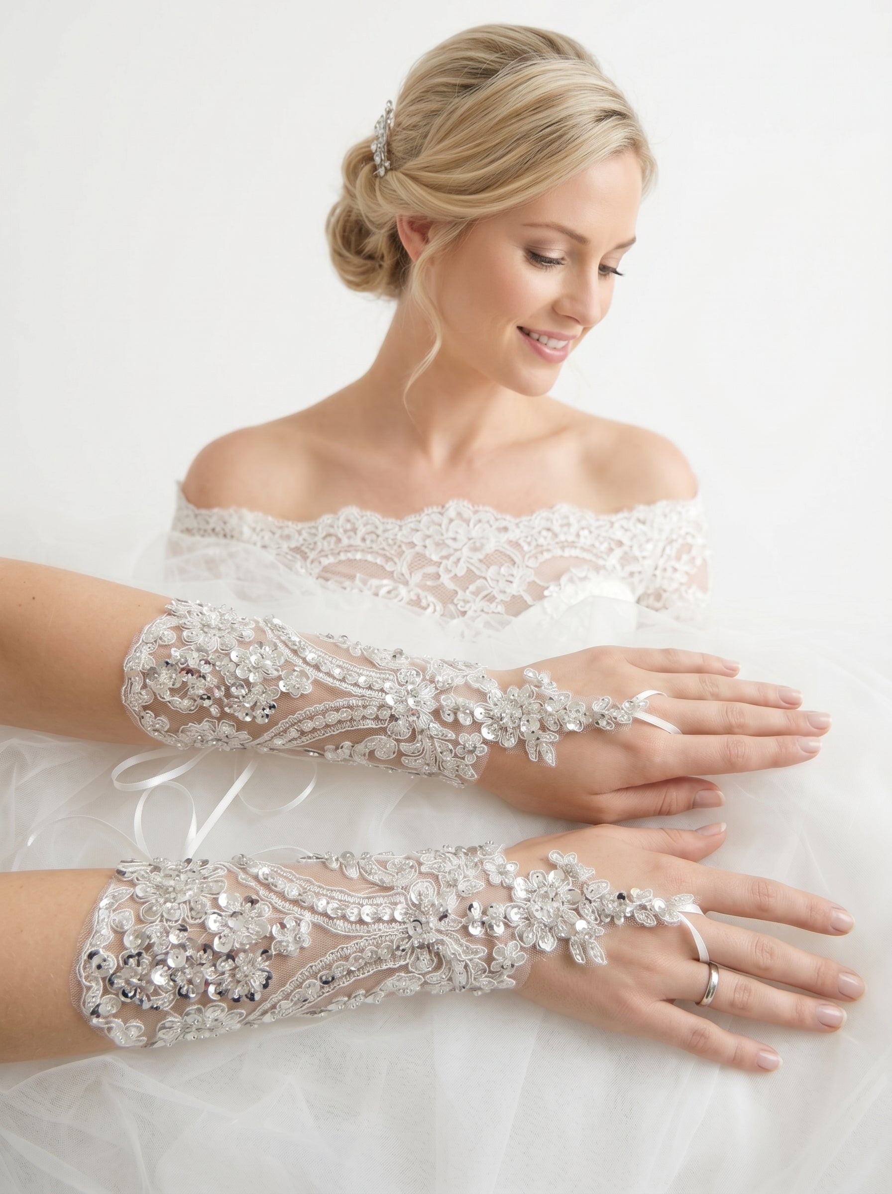 Sparkling Sequin Bridal Lace Gloves - Fingerless Wedding Gloves with Ring Loop - Luxury Beaded Applique Corset Bridal Mitts  LUNA-X336