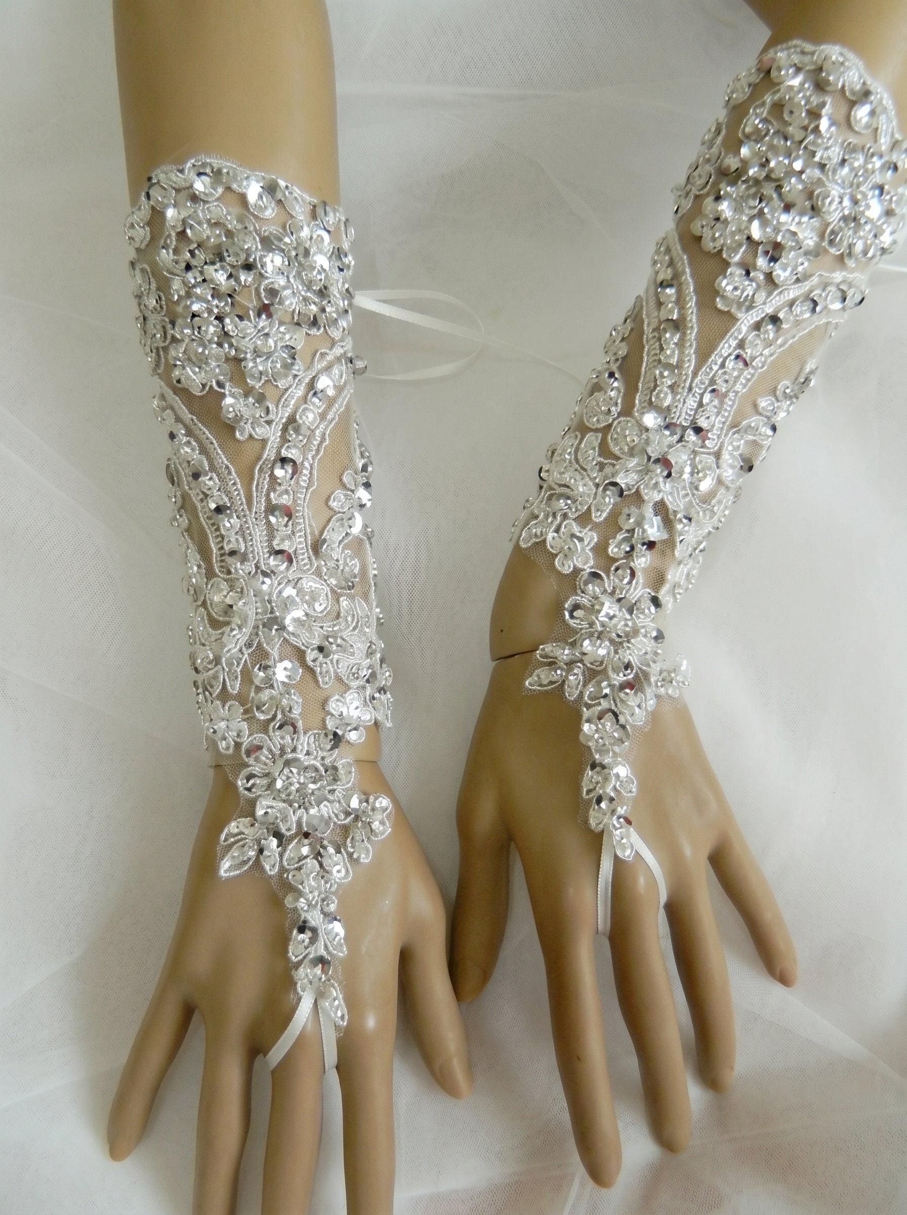 Sparkling Sequin Bridal Lace Gloves - Fingerless Wedding Gloves with Ring Loop - Luxury Beaded Applique Corset Bridal Mitts  LUNA-X336