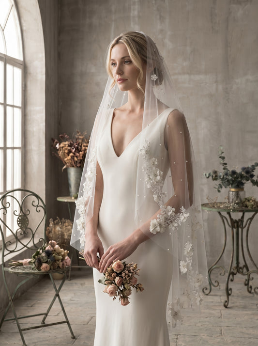 Single Tier Wedding Veil with Comb - 63"x 63" Elegant 3D Floral Applique & Pearl Bridal Veil, Fingertip Length Soft Tulle Tulle Veil for Bride LUNA-X337