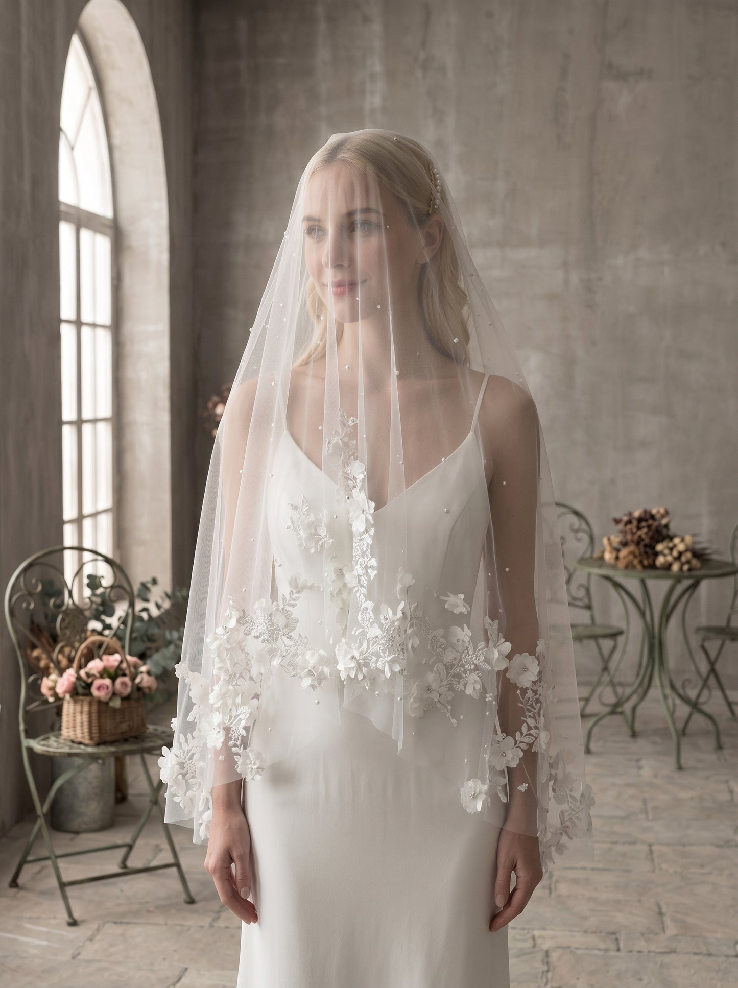 Single Tier Wedding Veil with Comb - 63"x 63" Elegant 3D Floral Applique & Pearl Bridal Veil, Fingertip Length Soft Tulle Tulle Veil for Bride LUNA-X337