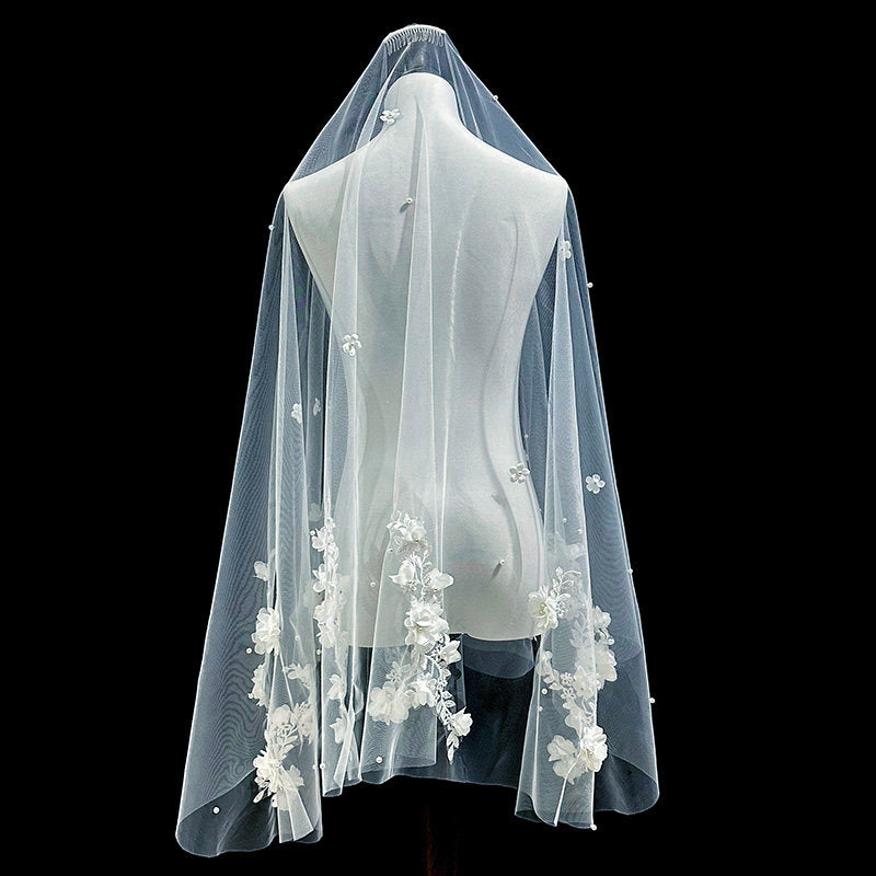 Single Tier Wedding Veil with Comb - 63"x 63" Elegant 3D Floral Applique & Pearl Bridal Veil, Fingertip Length Soft Tulle Tulle Veil for Bride LUNA-X337
