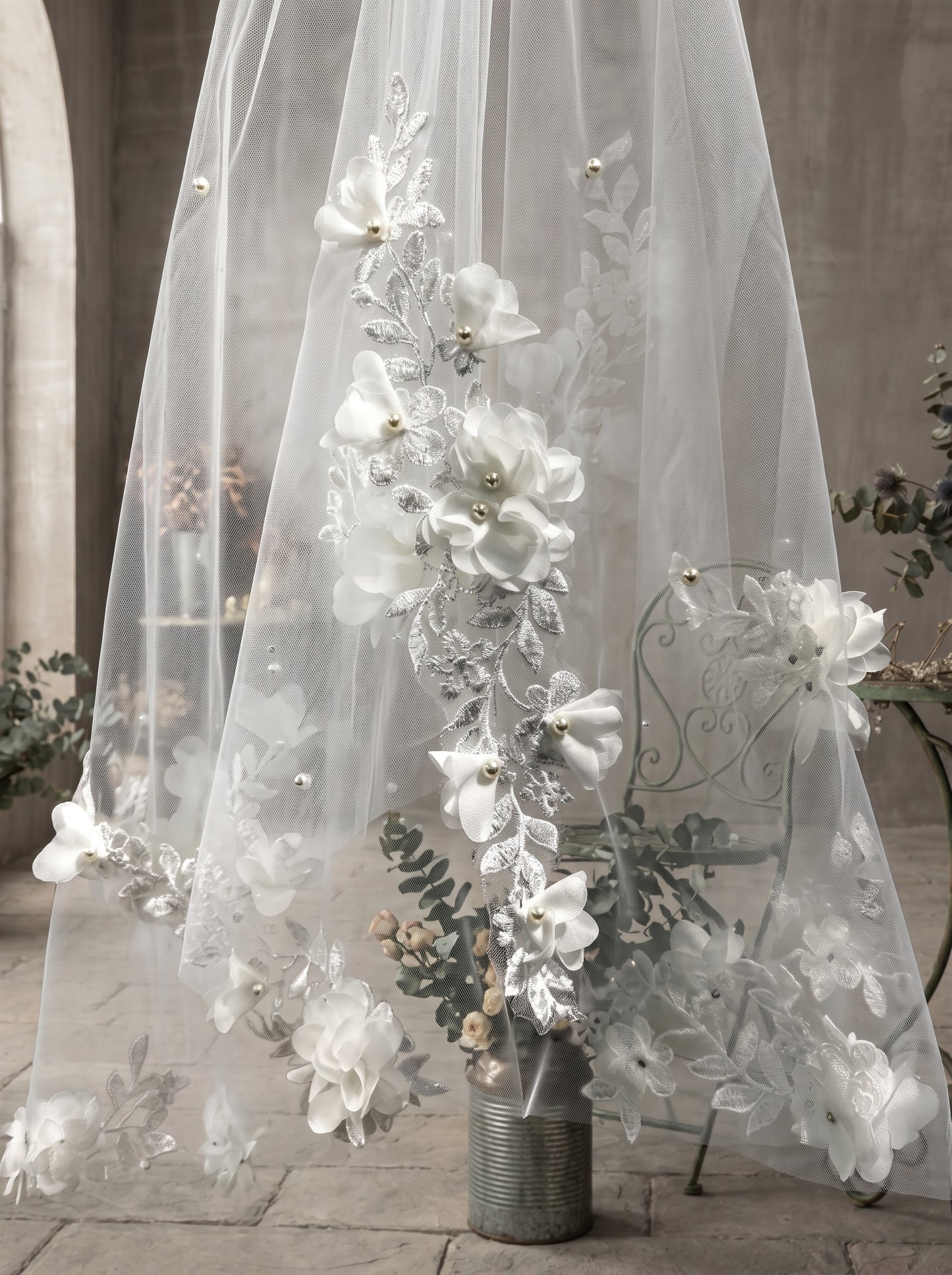 Single Tier Wedding Veil with Comb - 63"x 63" Elegant 3D Floral Applique & Pearl Bridal Veil, Fingertip Length Soft Tulle Tulle Veil for Bride LUNA-X337