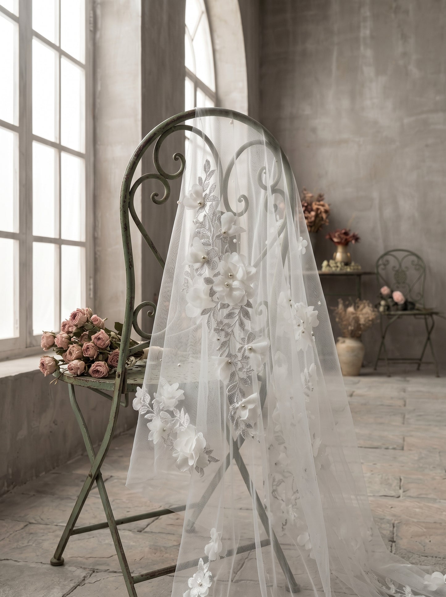 Single Tier Wedding Veil with Comb - 63"x 63" Elegant 3D Floral Applique & Pearl Bridal Veil, Fingertip Length Soft Tulle Tulle Veil for Bride LUNA-X337