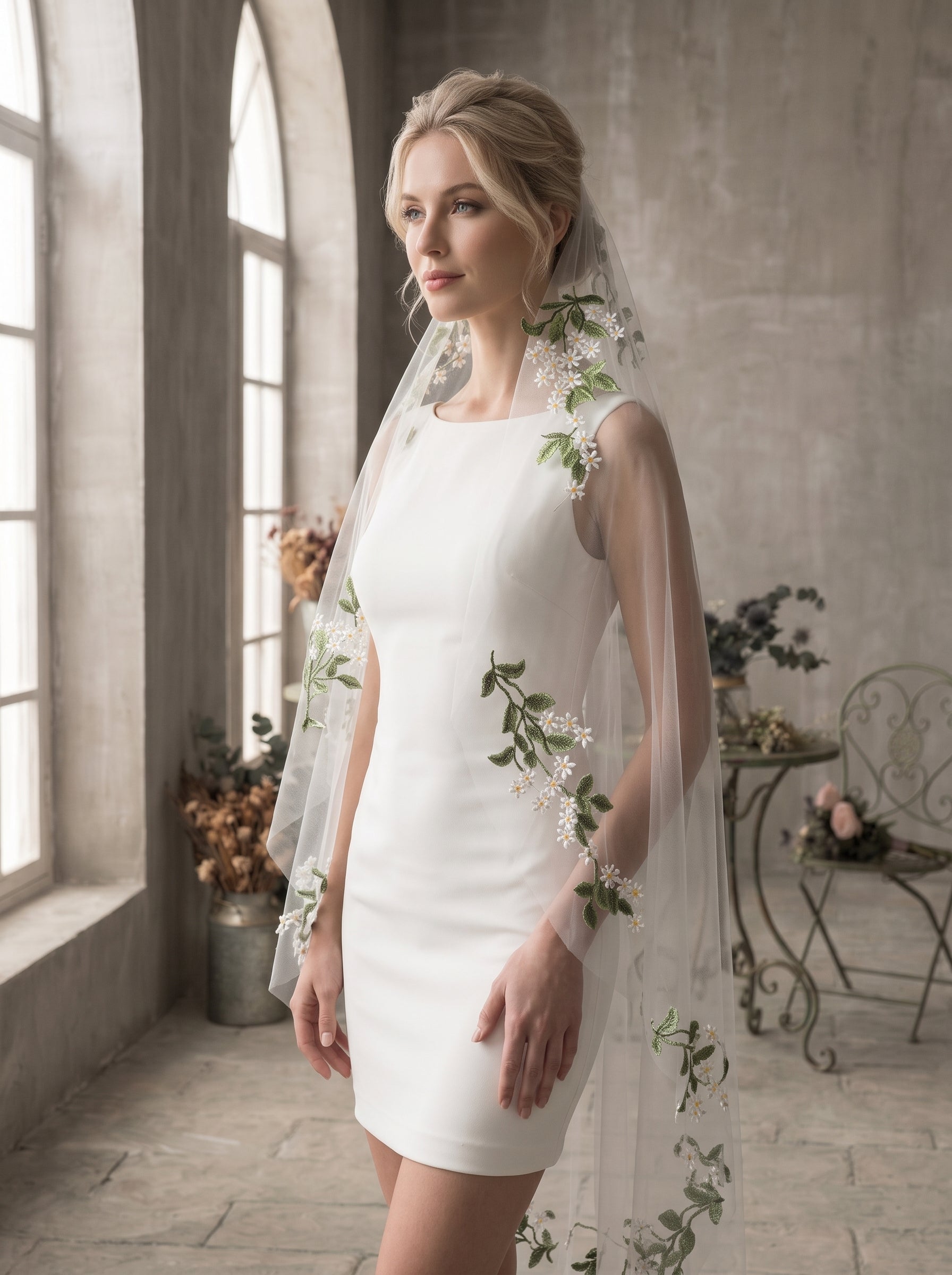 Boho Woodland Embroidered Wedding Veil with Comb - Single Tier Green Leaves & White Floral Bridal Veil, Elegant Fingertip Length Soft Tulle Veil LUNA-X338