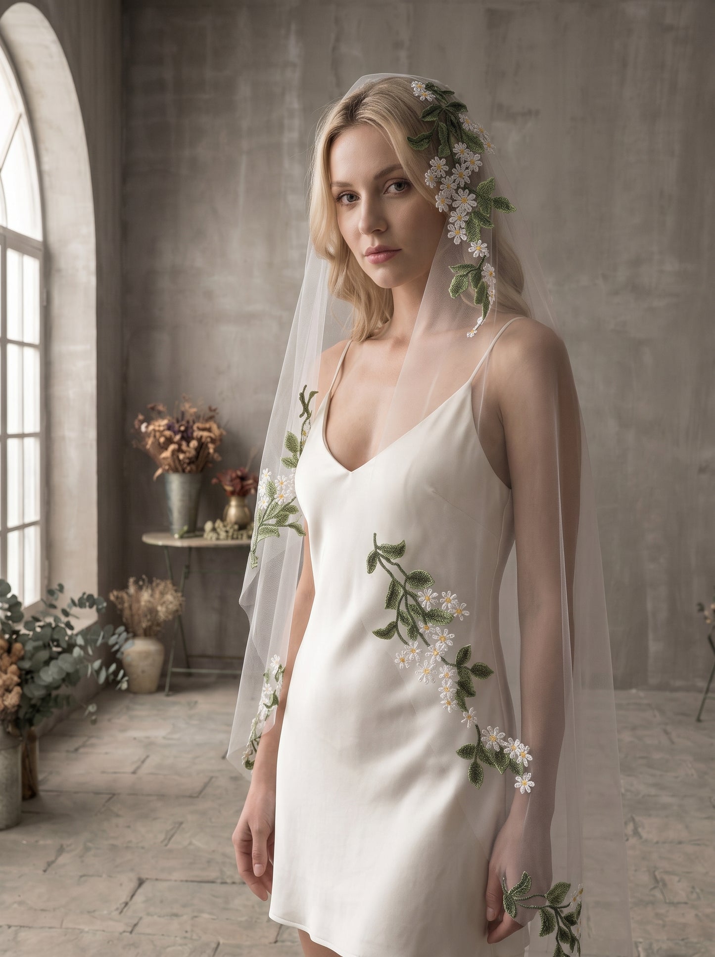 Boho Woodland Embroidered Wedding Veil with Comb - Single Tier Green Leaves & White Floral Bridal Veil, Elegant Fingertip Length Soft Tulle Veil LUNA-X338