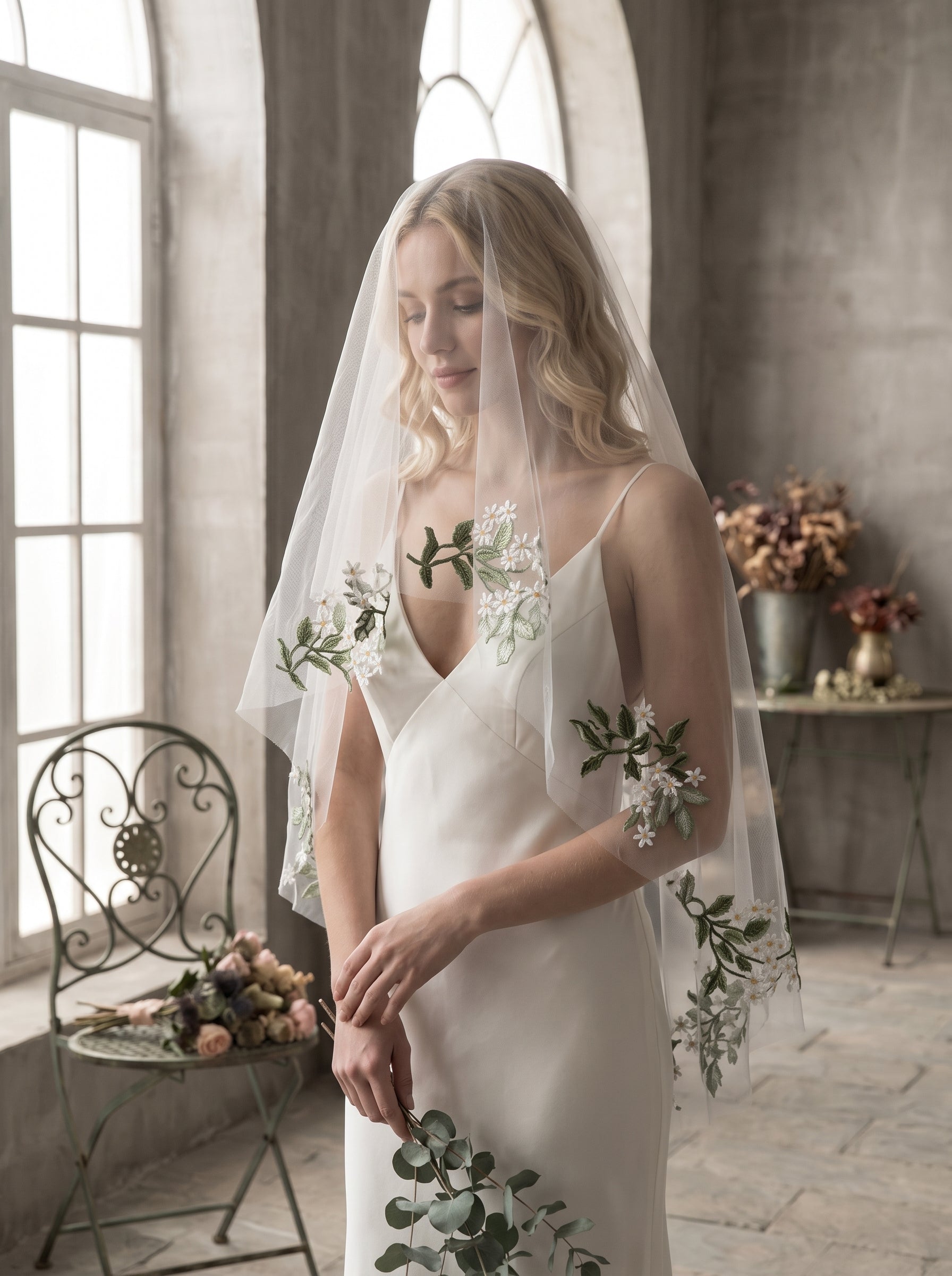 Boho Woodland Embroidered Wedding Veil with Comb - Single Tier Green Leaves & White Floral Bridal Veil, Elegant Fingertip Length Soft Tulle Veil LUNA-X338