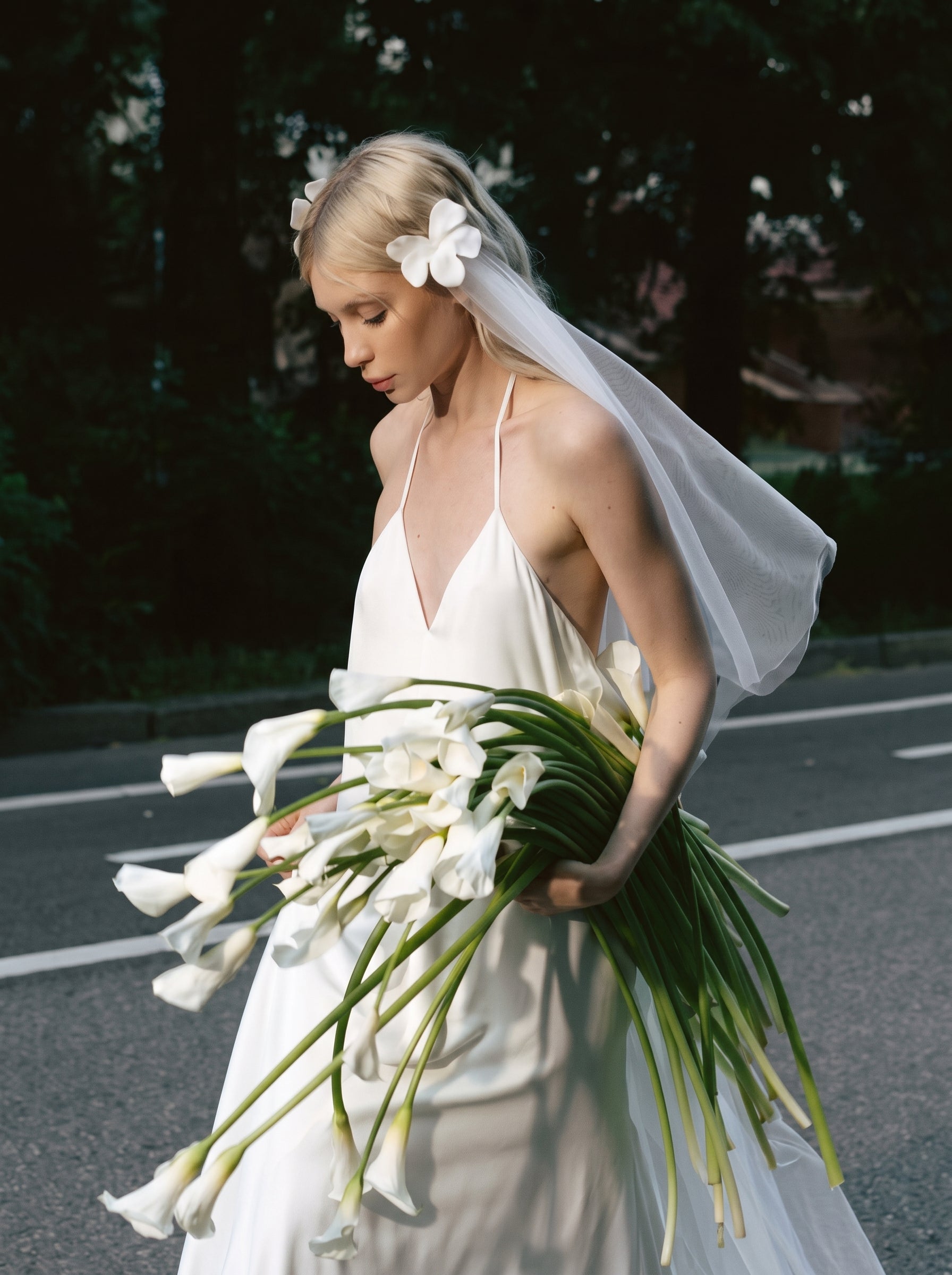 Minimalist Single Tier Cathedral Wedding Veil with 3D Satin Flower Hair Clips - 118