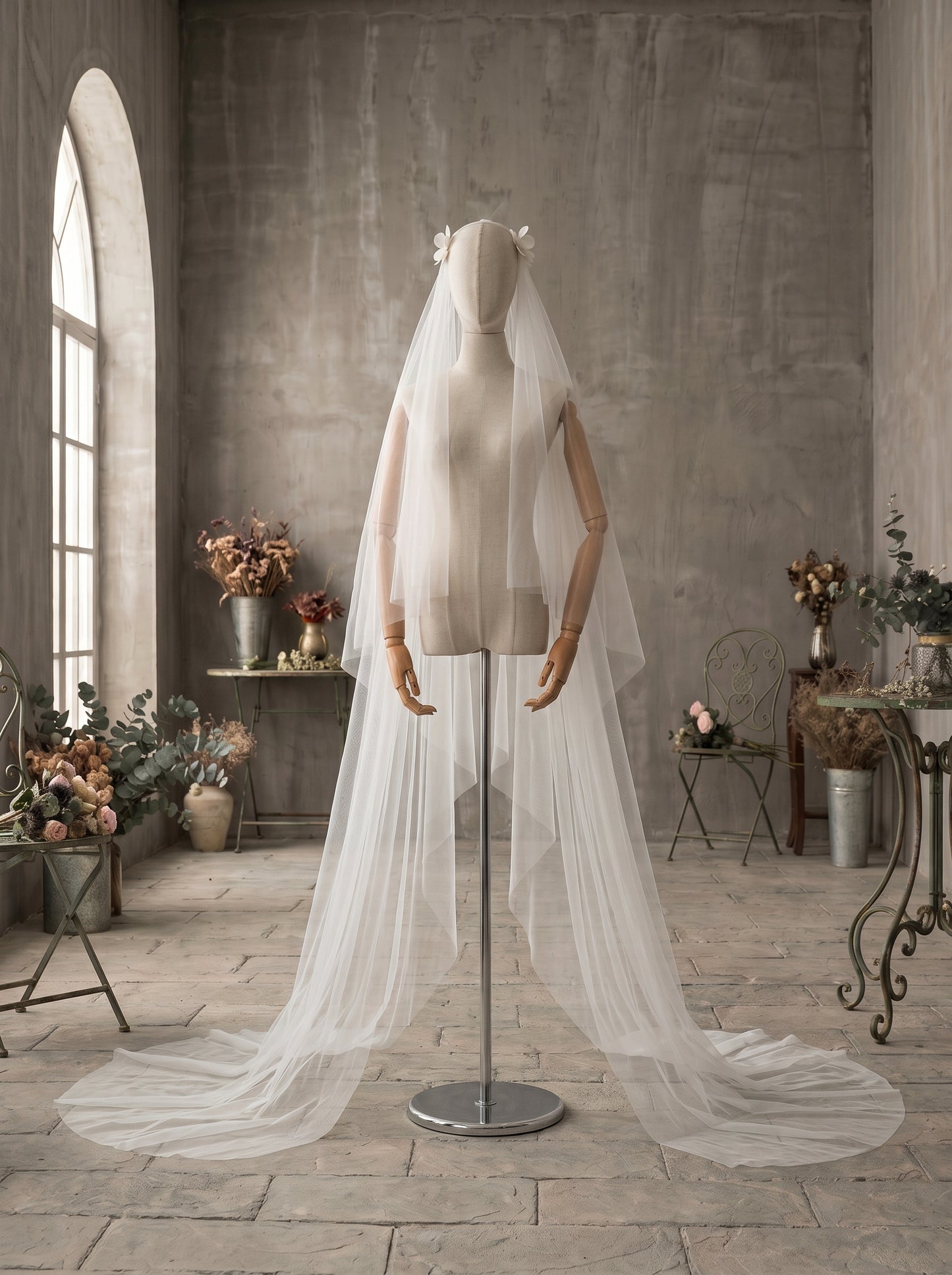 Minimalist Single Tier Cathedral Wedding Veil with 3D Satin Flower Hair Clips - 118" Long 3-Meter Sheer Bridal Veil, Soft French Tulle Cut Edge Long Veil LUNA-X339