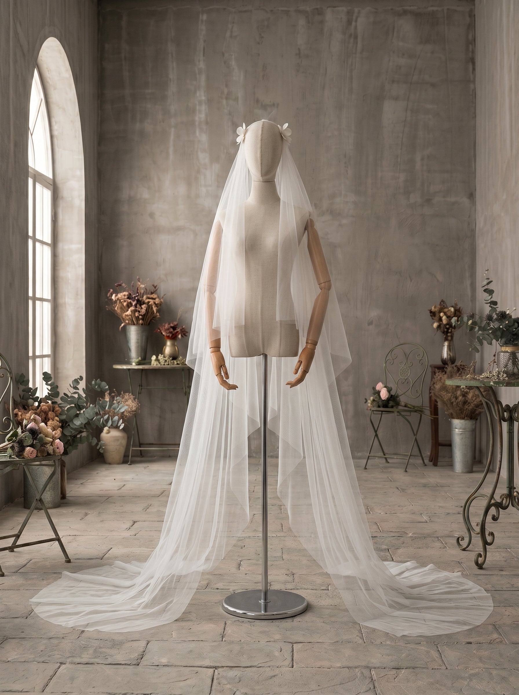 Minimalist Single Tier Cathedral Wedding Veil with 3D Satin Flower Hair Clips - 118