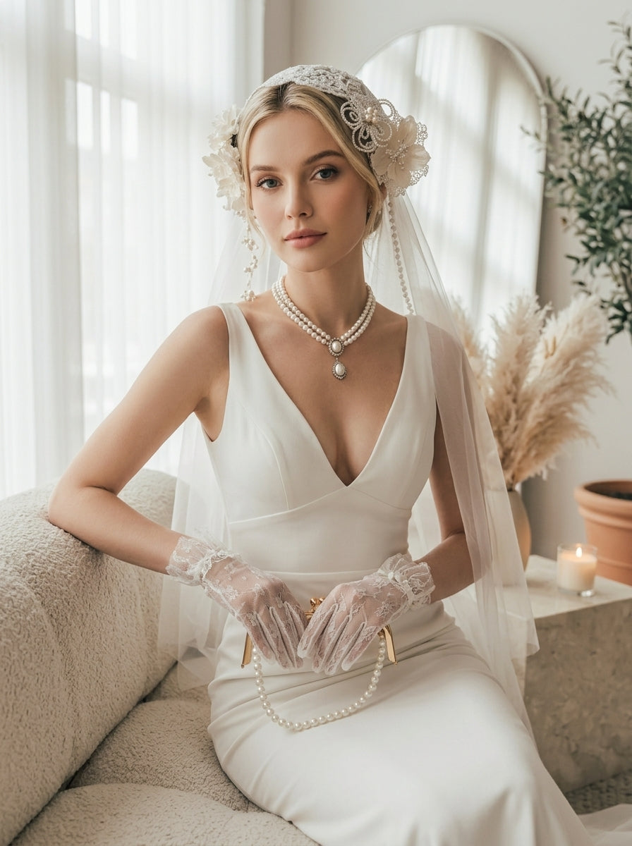 Vintage 1920s Juliet Cap Wedding Veil with Lace & 3D Floral Embellishments - 59
