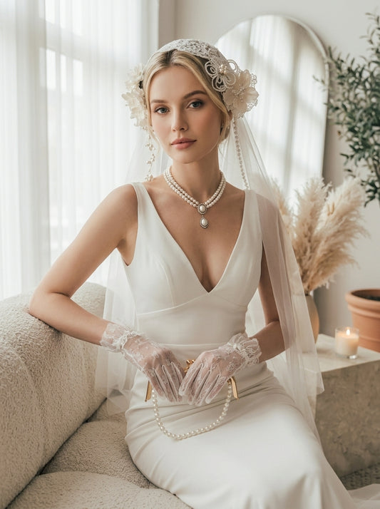 Vintage 1920s Juliet Cap Wedding Veil with Lace & 3D Floral Embellishments - 59" 1.5-Meter Fingertip Length Soft Tulle Bridal Veil, Retro Boho Wedding Headpiece LUNA-X340