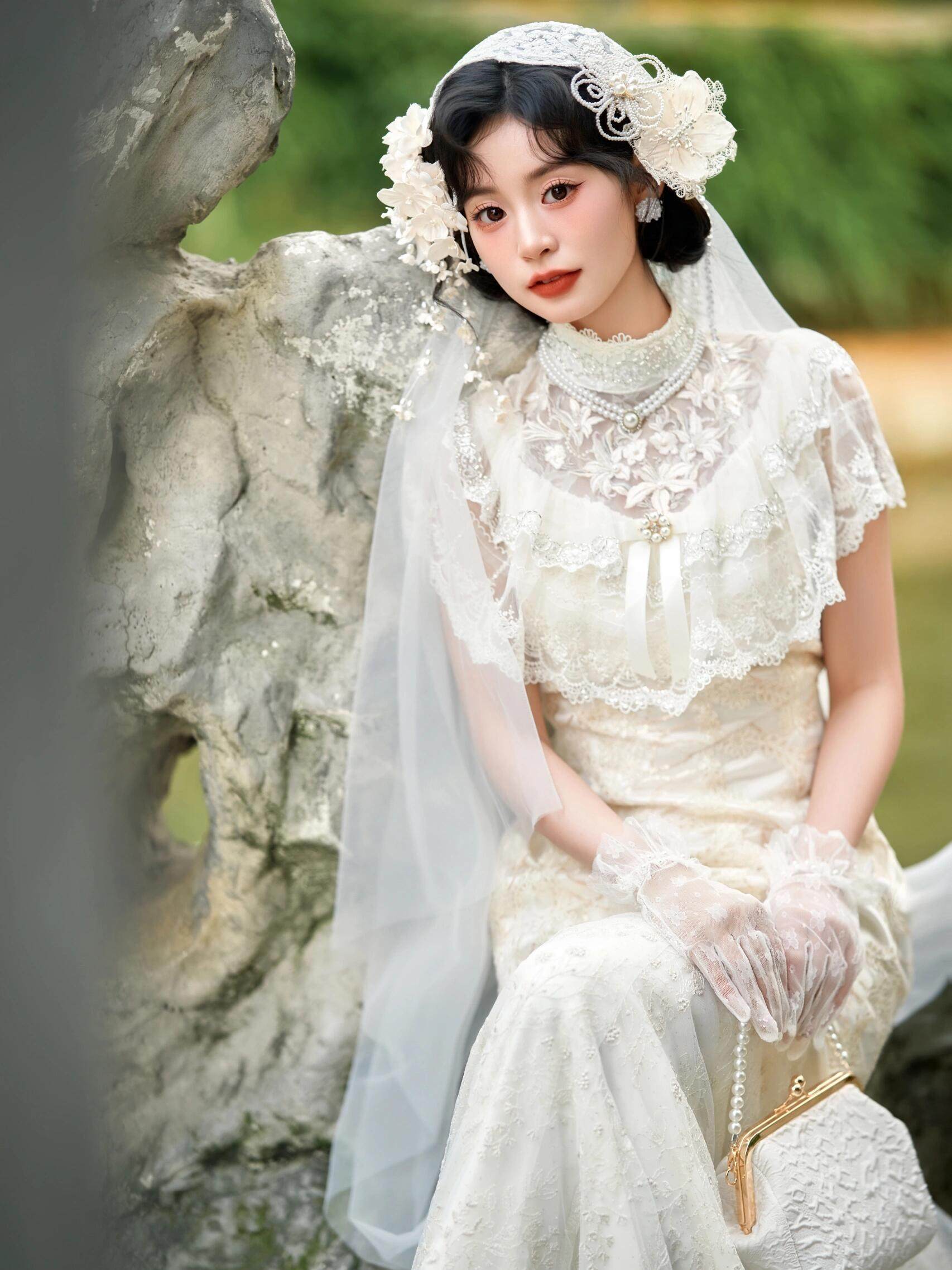 Vintage 1920s Juliet Cap Wedding Veil with Lace & 3D Floral Embellishments - 59